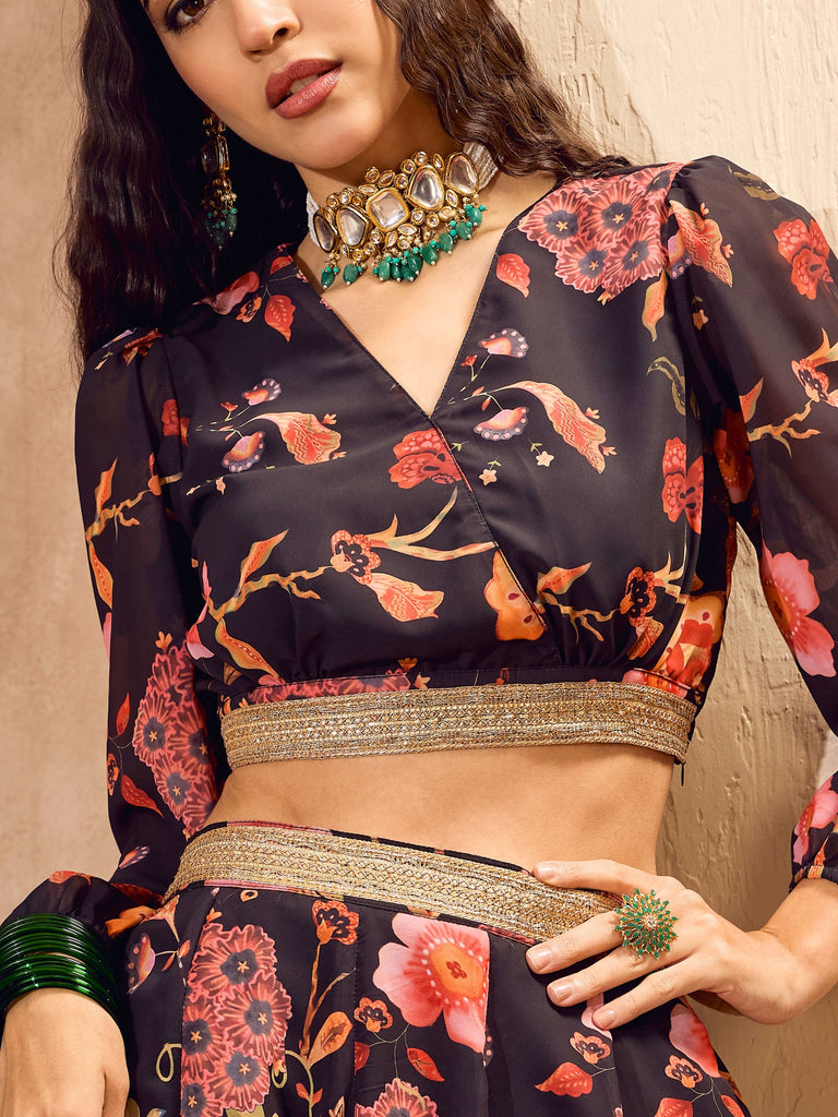 Women's Black Floral Wrap Crop Top With Anarkali Ski