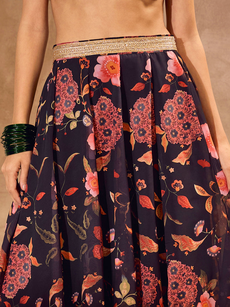 Women's Black Floral Wrap Crop Top With Anarkali Ski