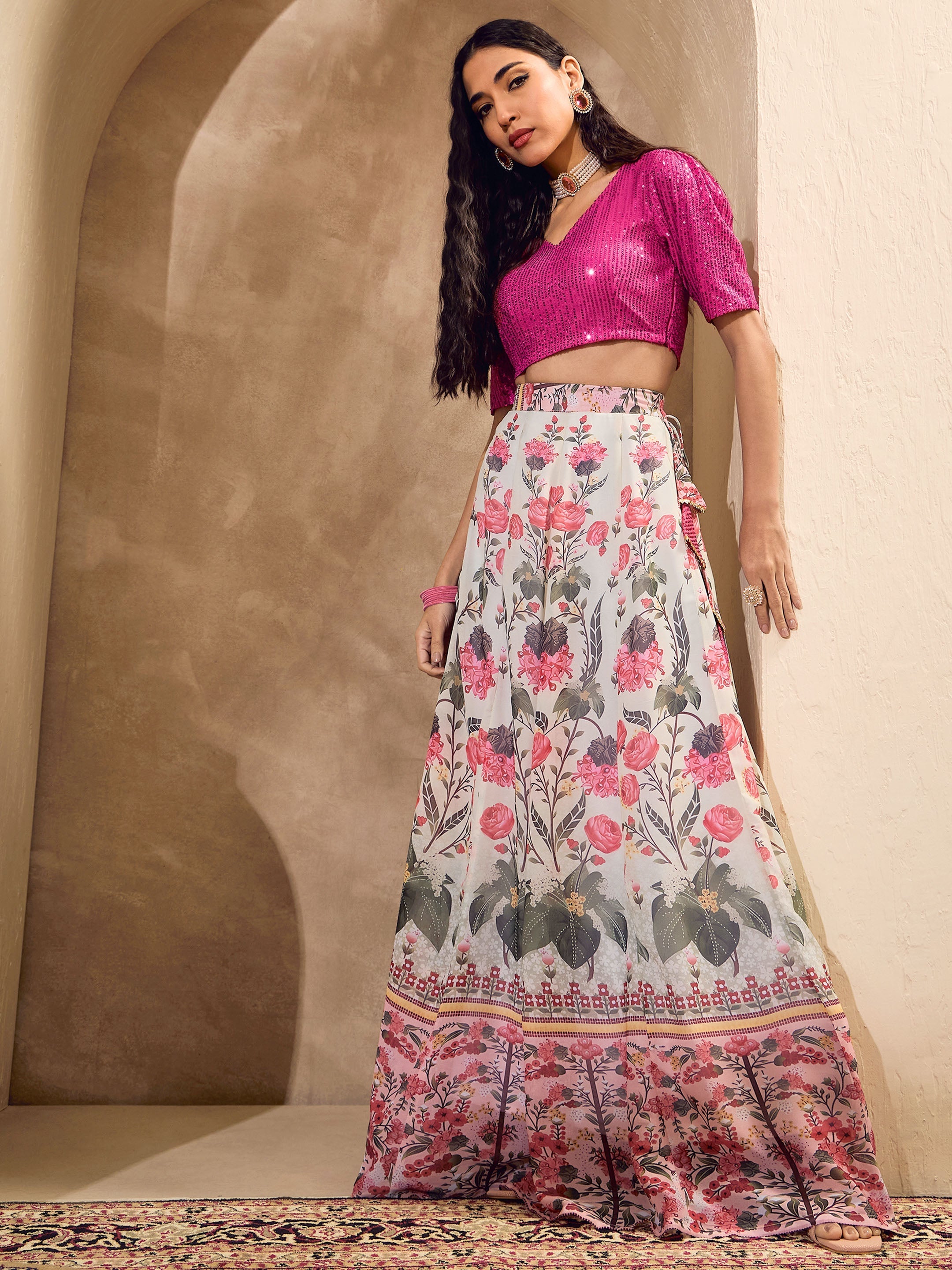 Women's Pink Sequins Crop Top With Floral Anarkali Skirt-SHAE