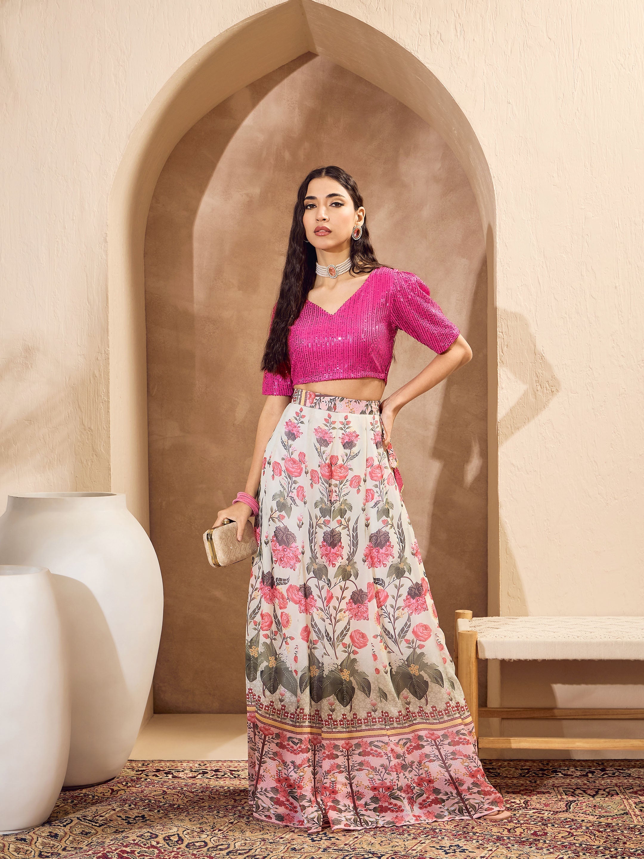 Women's Pink Sequins Crop Top With Floral Anarkali Skirt-SHAE