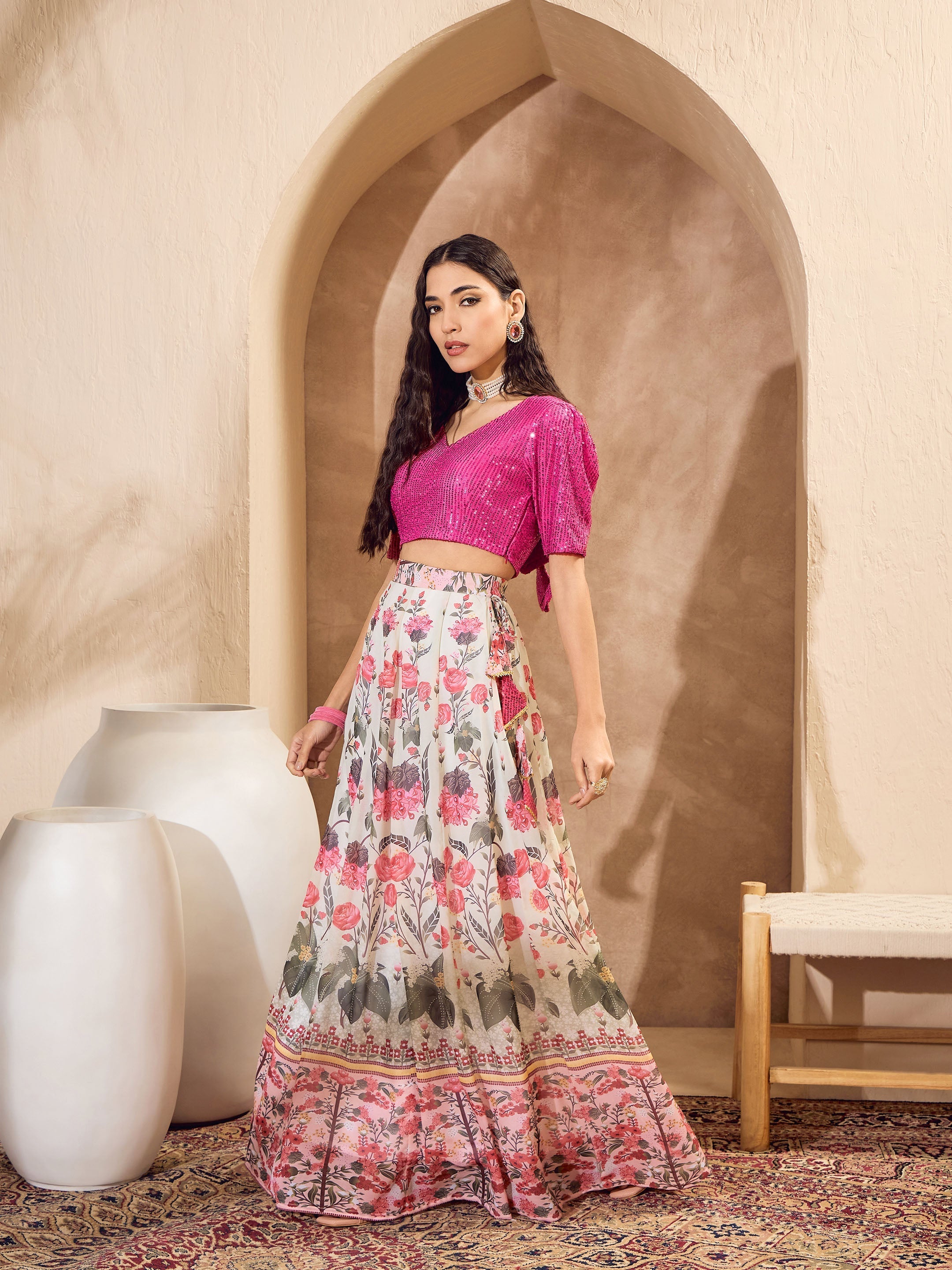 Women's Pink Sequins Crop Top With Floral Anarkali Skirt-SHAE