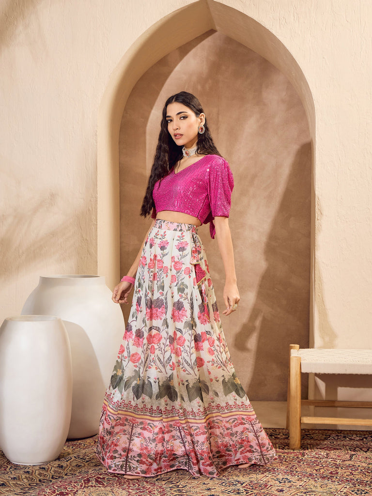 Women's Pink Sequins Crop Top With Floral Anarkali Ski
