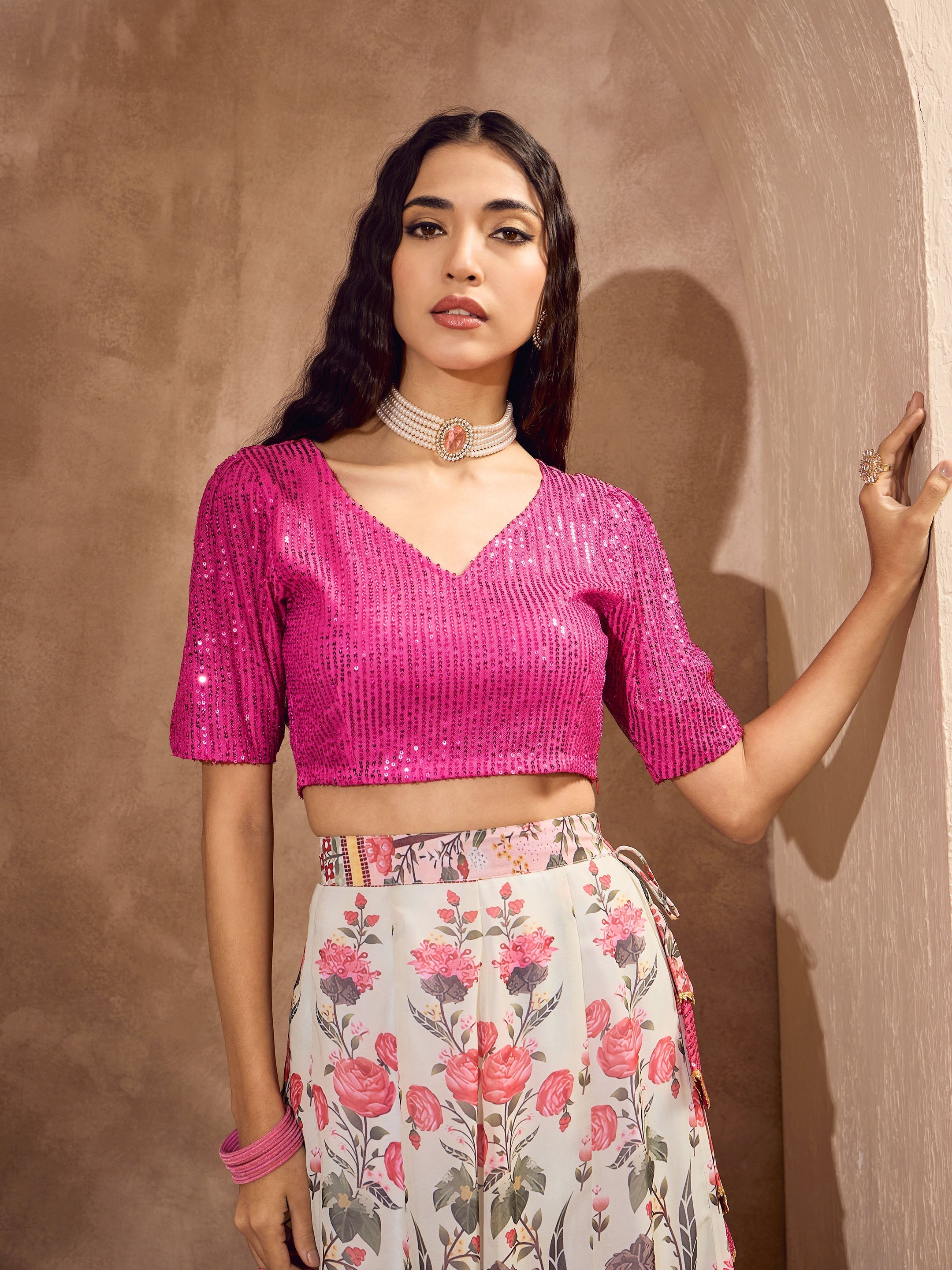 Women's Pink Sequins Crop Top With Floral Anarkali Skirt-SHAE