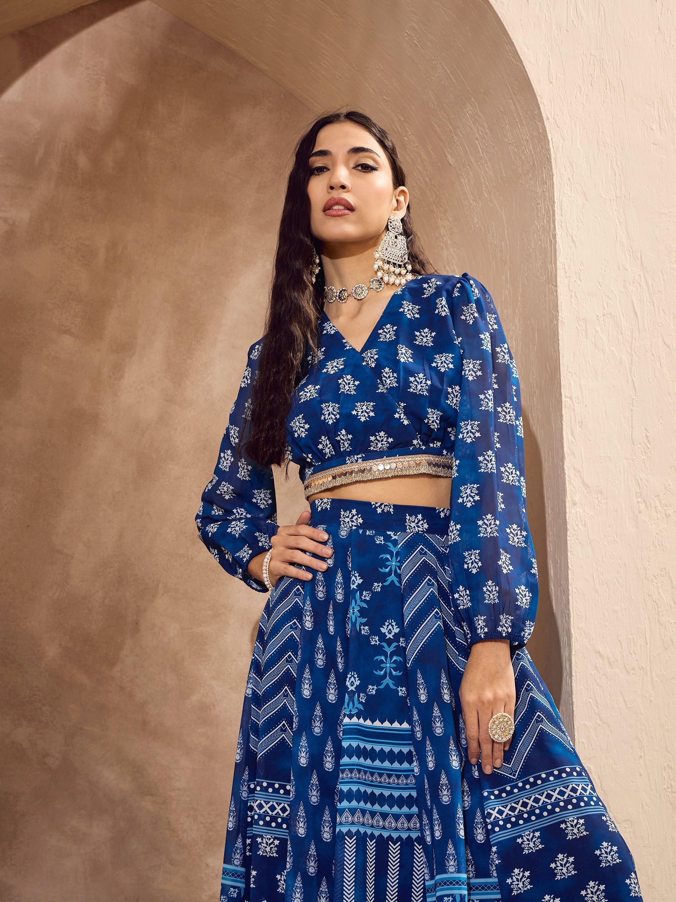 Women's Blue Floral Wrap Crop Top With Anarkali Skirt-SHAE