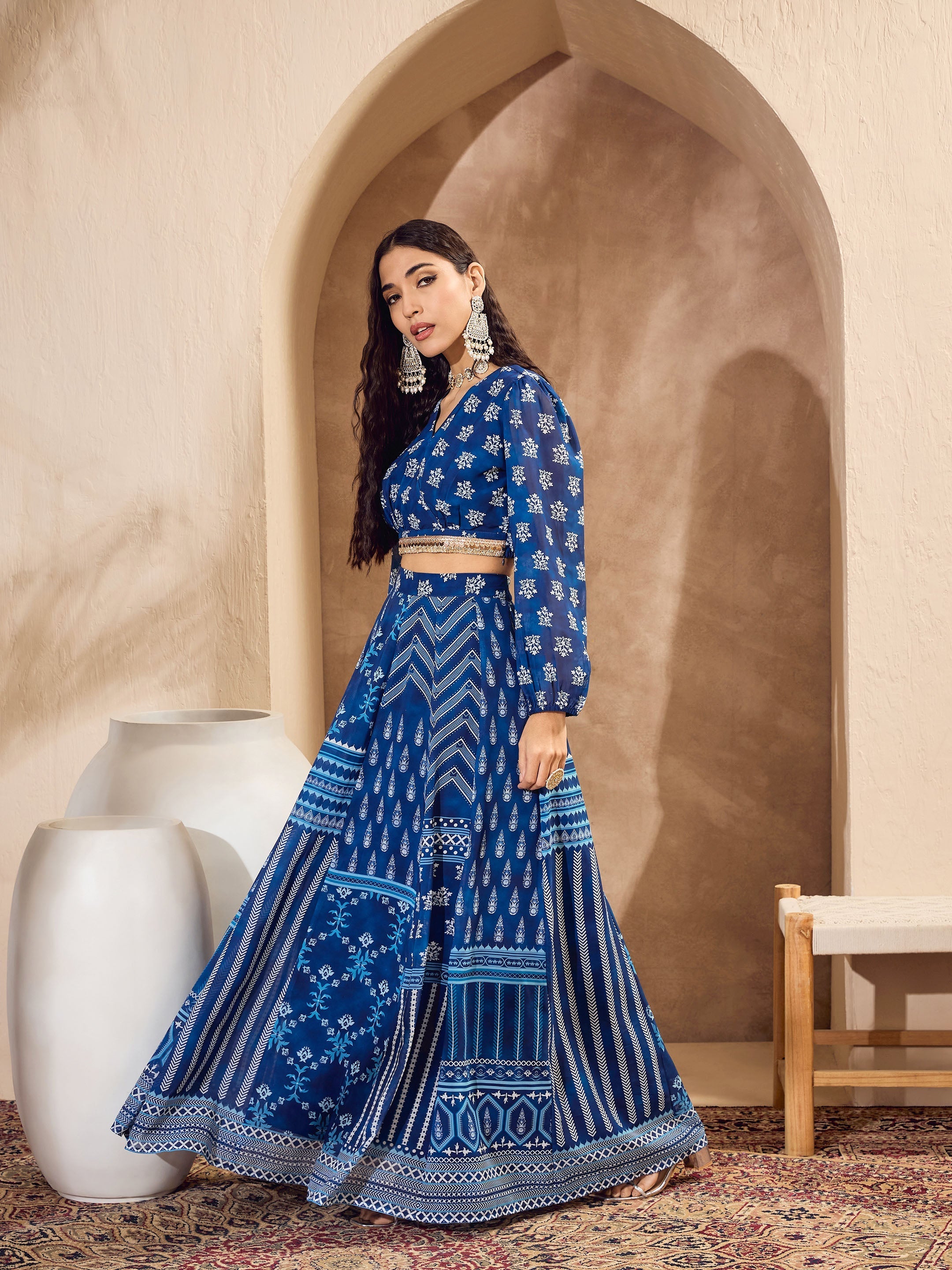 Women's Blue Floral Wrap Crop Top With Anarkali Skirt-SHAE