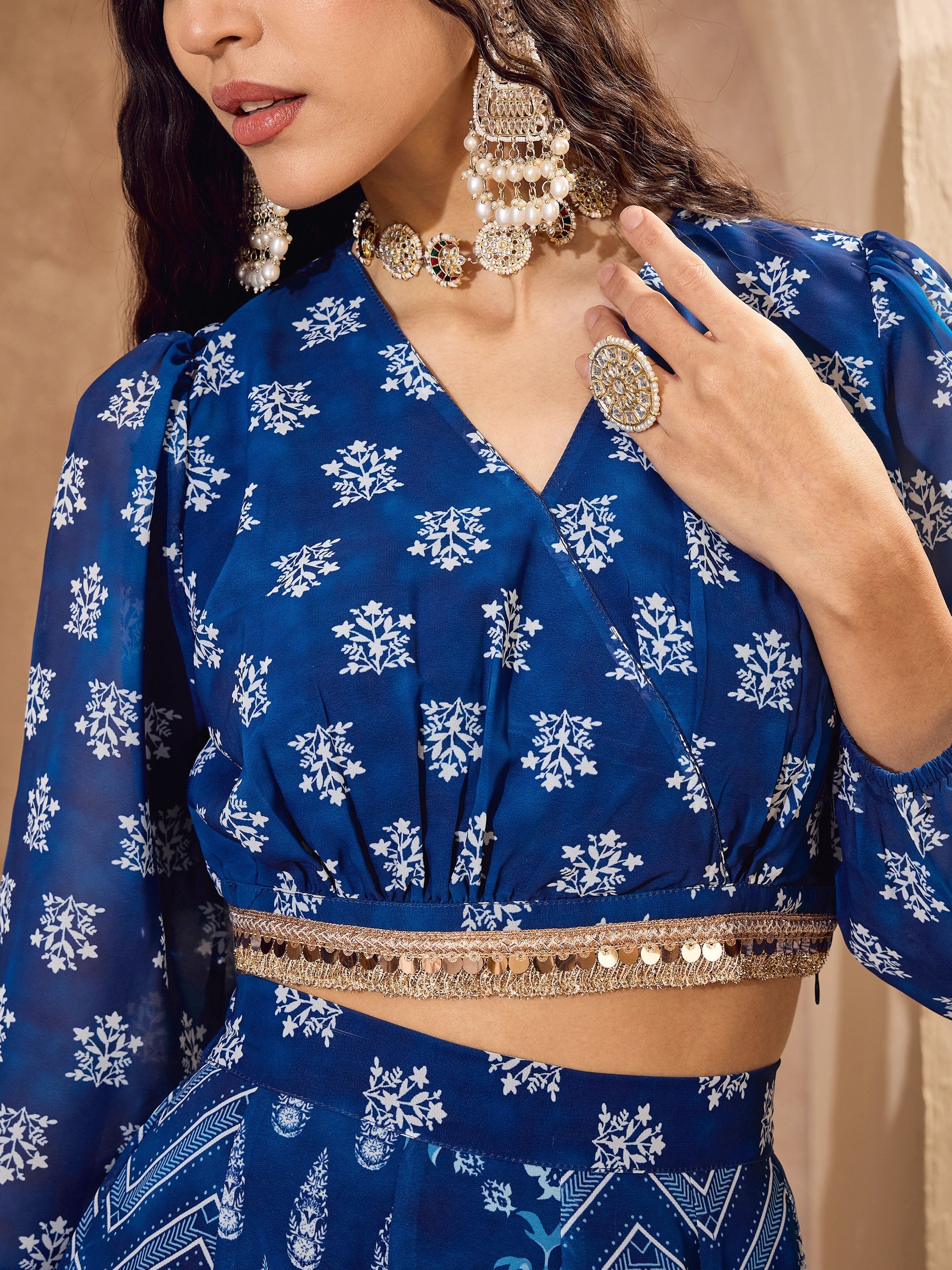 Women's Blue Floral Wrap Crop Top With Anarkali Skirt-SHAE