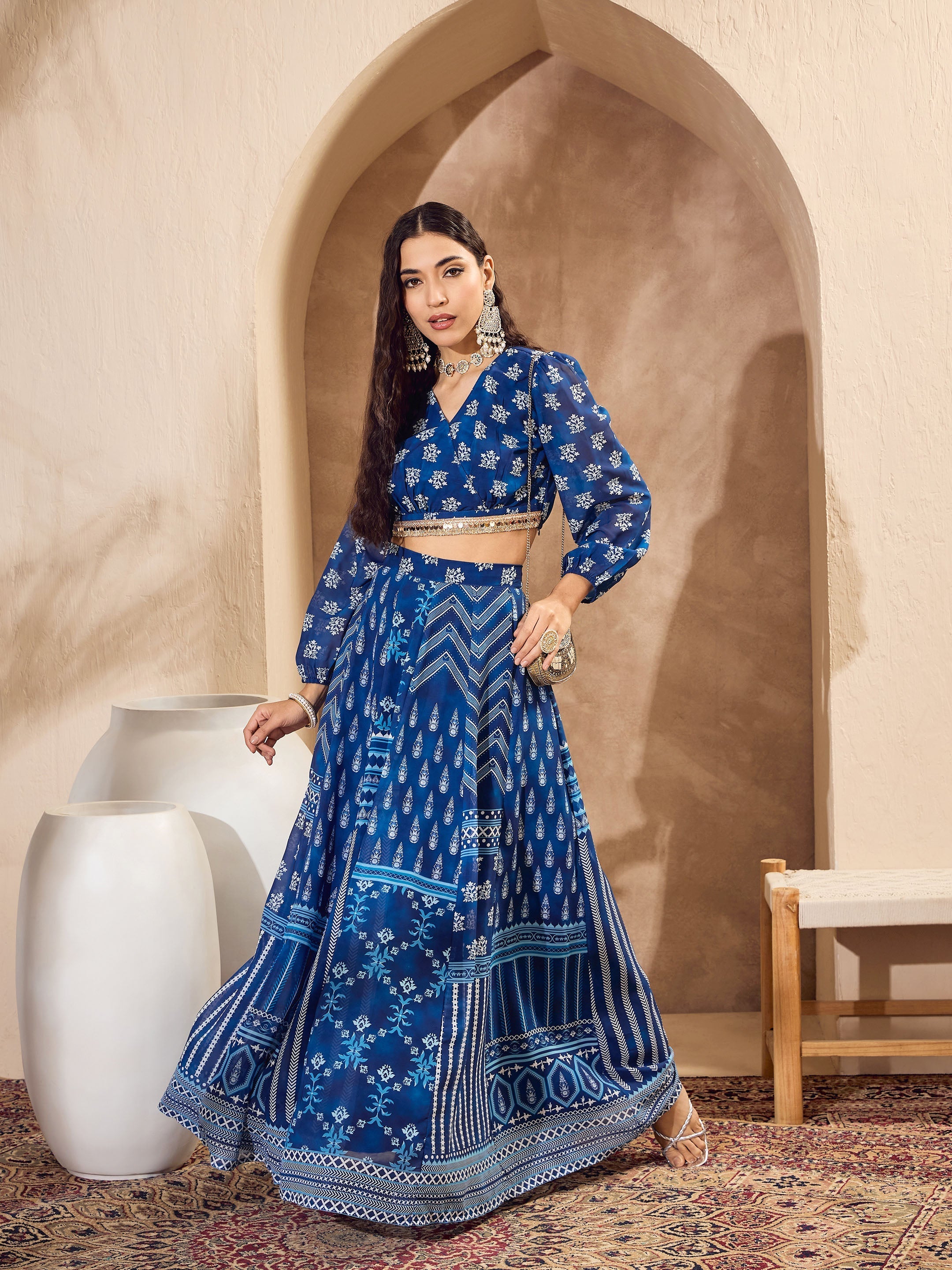 Women's Blue Floral Wrap Crop Top With Anarkali Skirt-SHAE