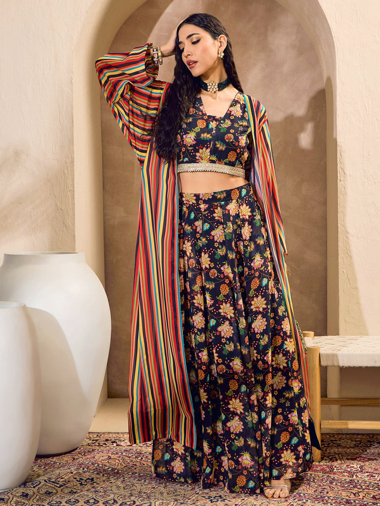 Women's Black Floral Crop Top With Anarkali Skirt And Shr