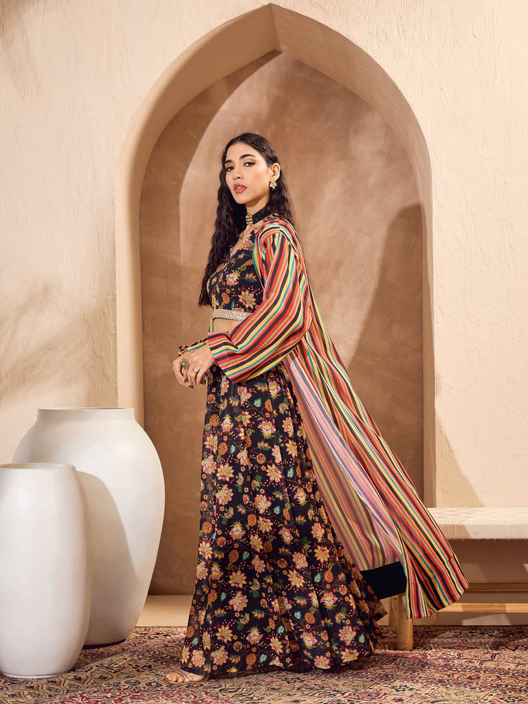 Women's Black Floral Crop Top With Anarkali Skirt And Shr