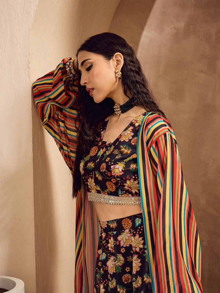Women's Black Floral Crop Top With Anarkali Skirt And Shr