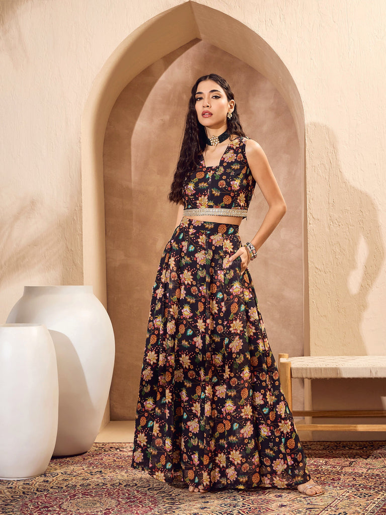 Women's Black Floral Crop Top With Anarkali Skirt And Shr