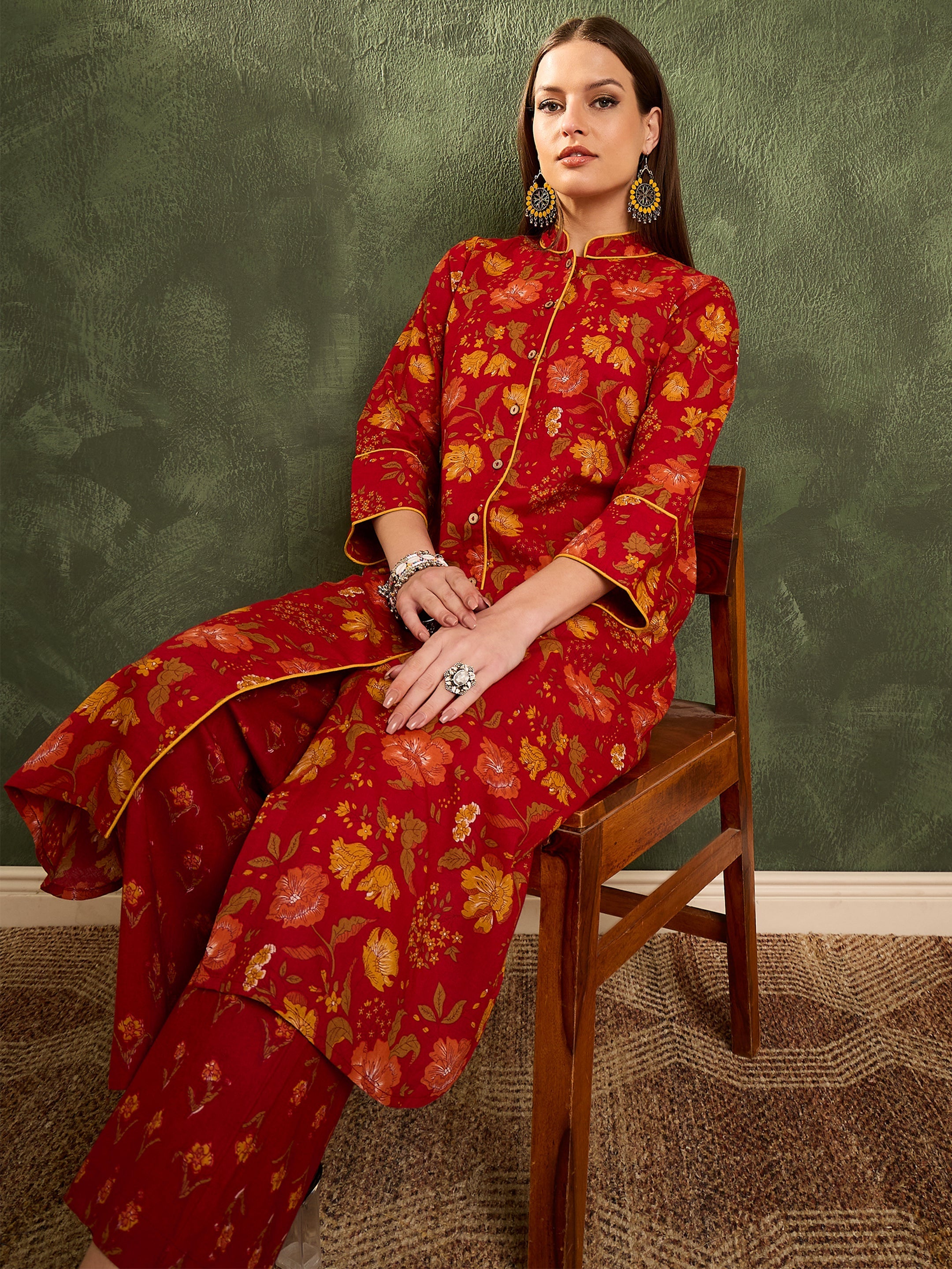 Women's Maroon Floral Wood Button Kurta With Pants