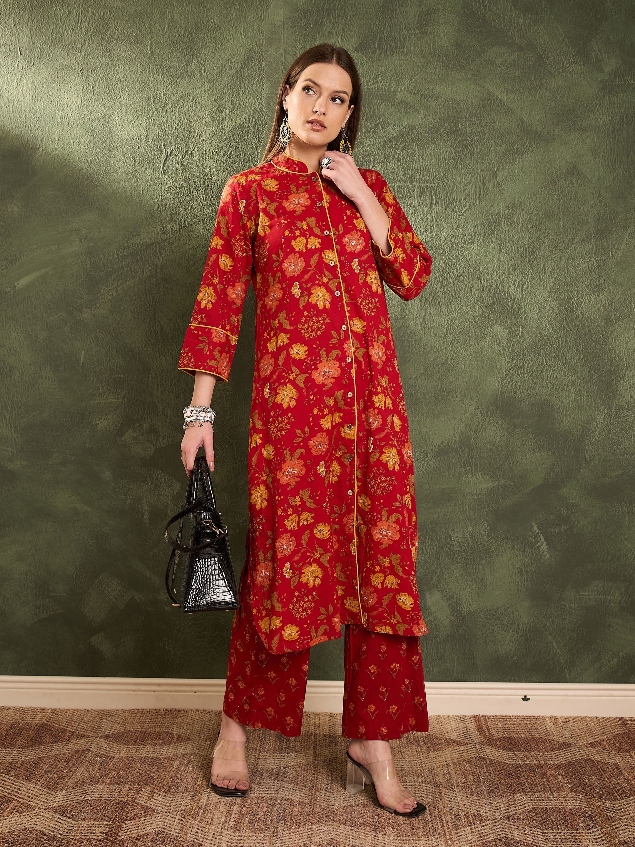 Women's Maroon Floral Wood Button Kurta With Pants