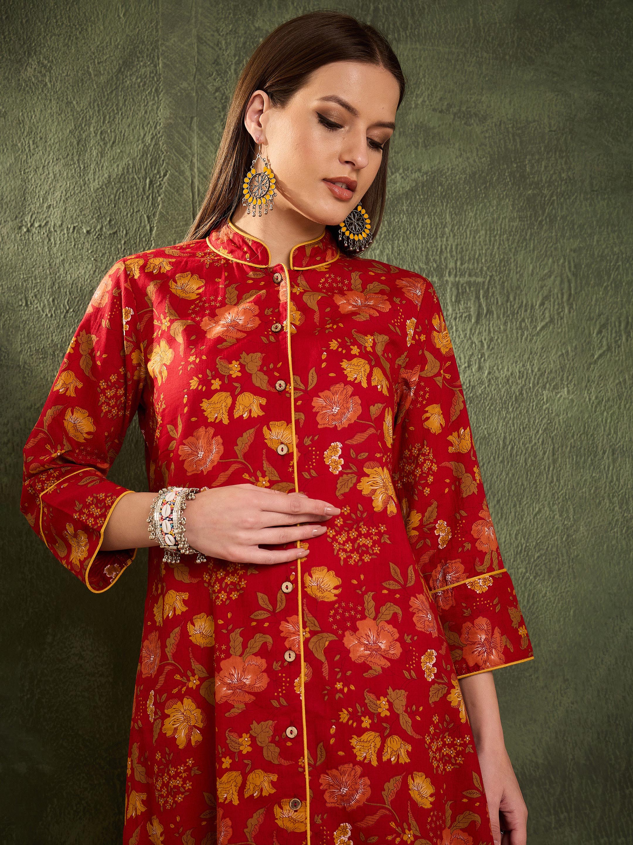 Women's Maroon Floral Wood Button Kurta With Pants