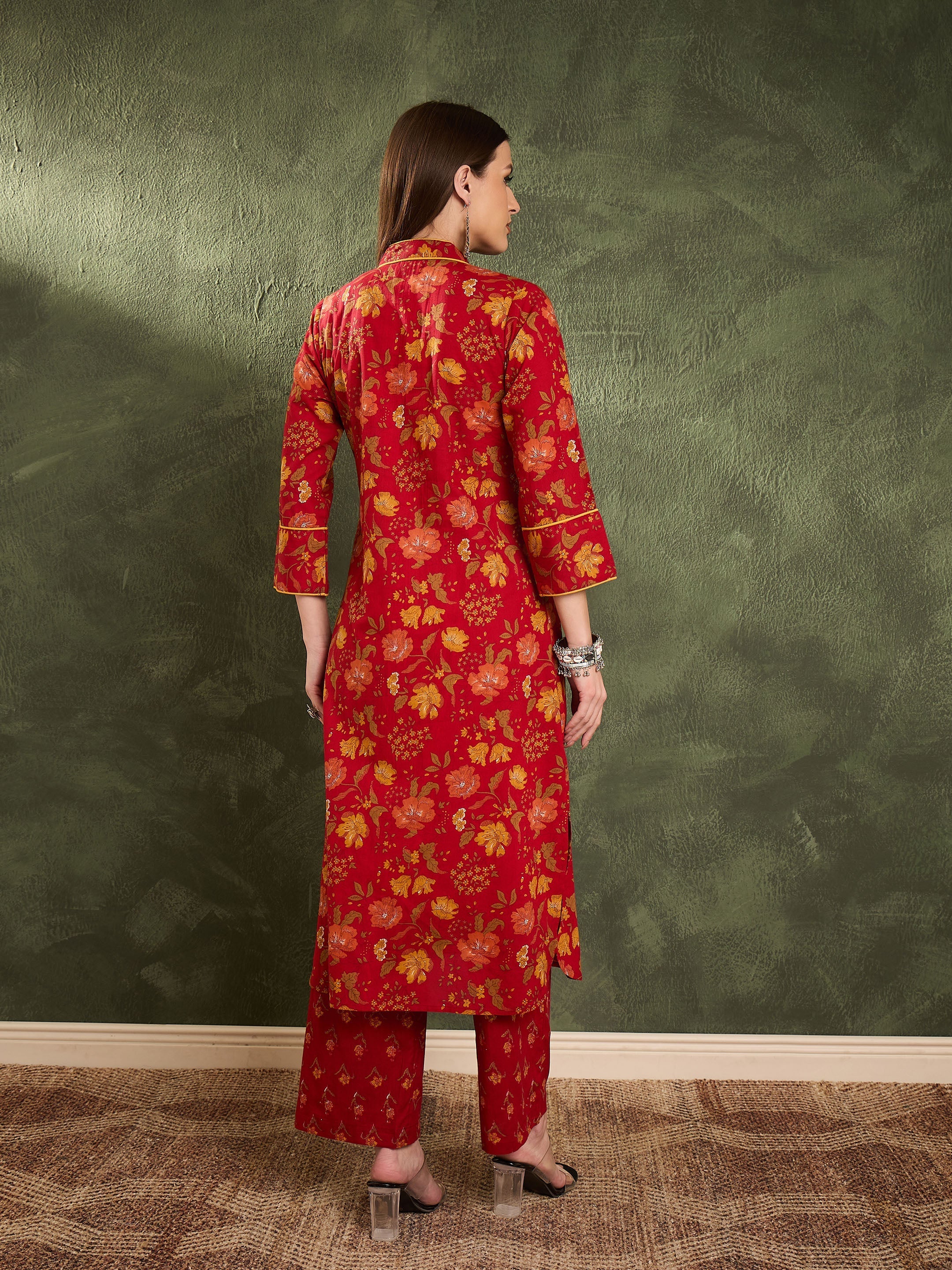 Women's Maroon Floral Wood Button Kurta With Pants