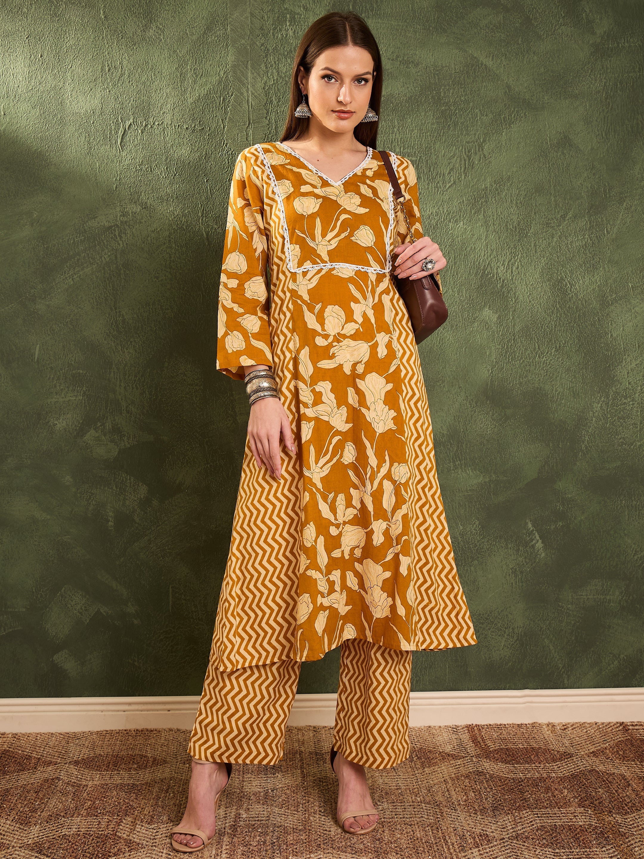 Women's Mustard Floral Front Yoke Kurta With Pants