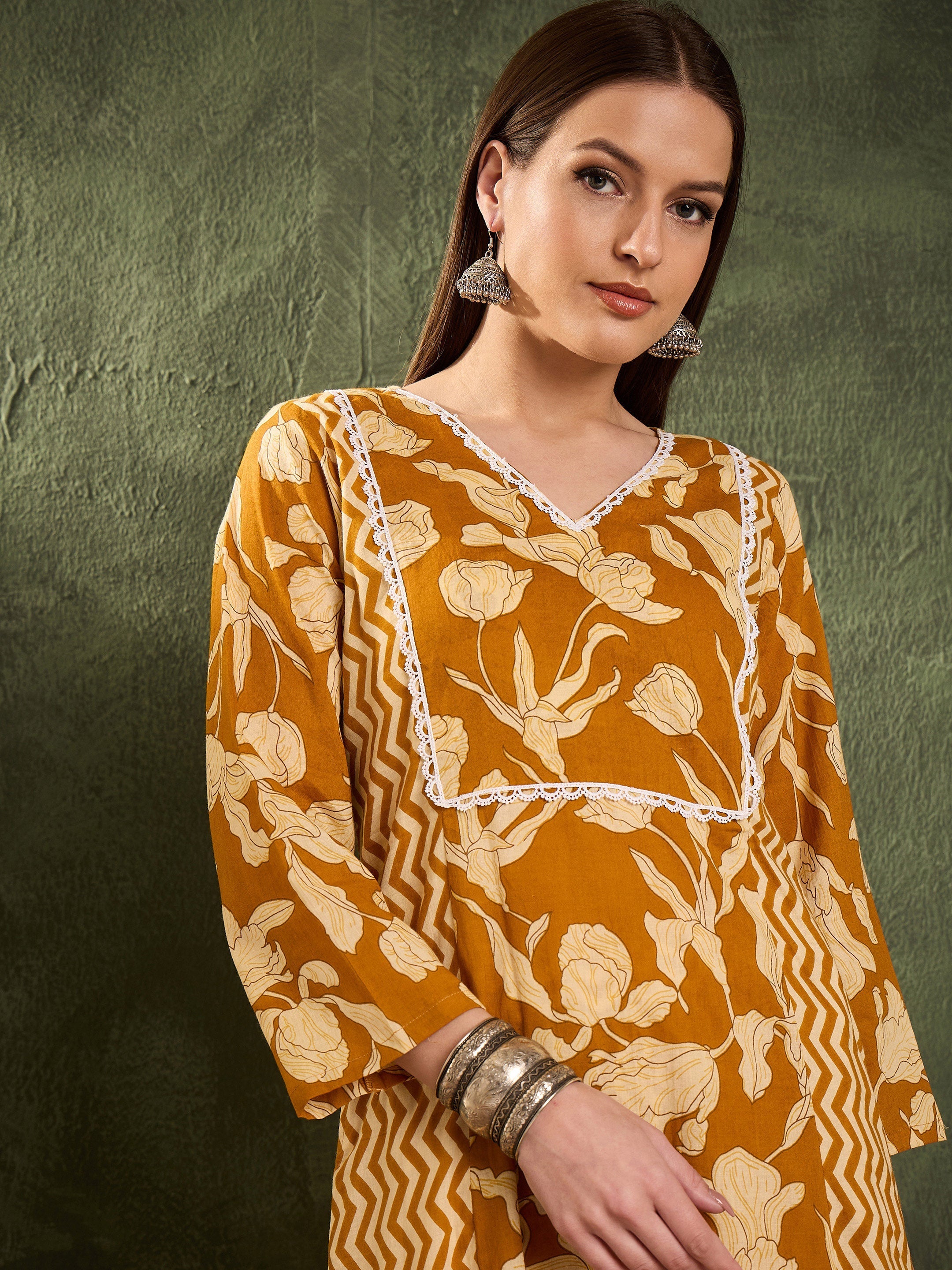 Women's Mustard Floral Front Yoke Kurta With Pants