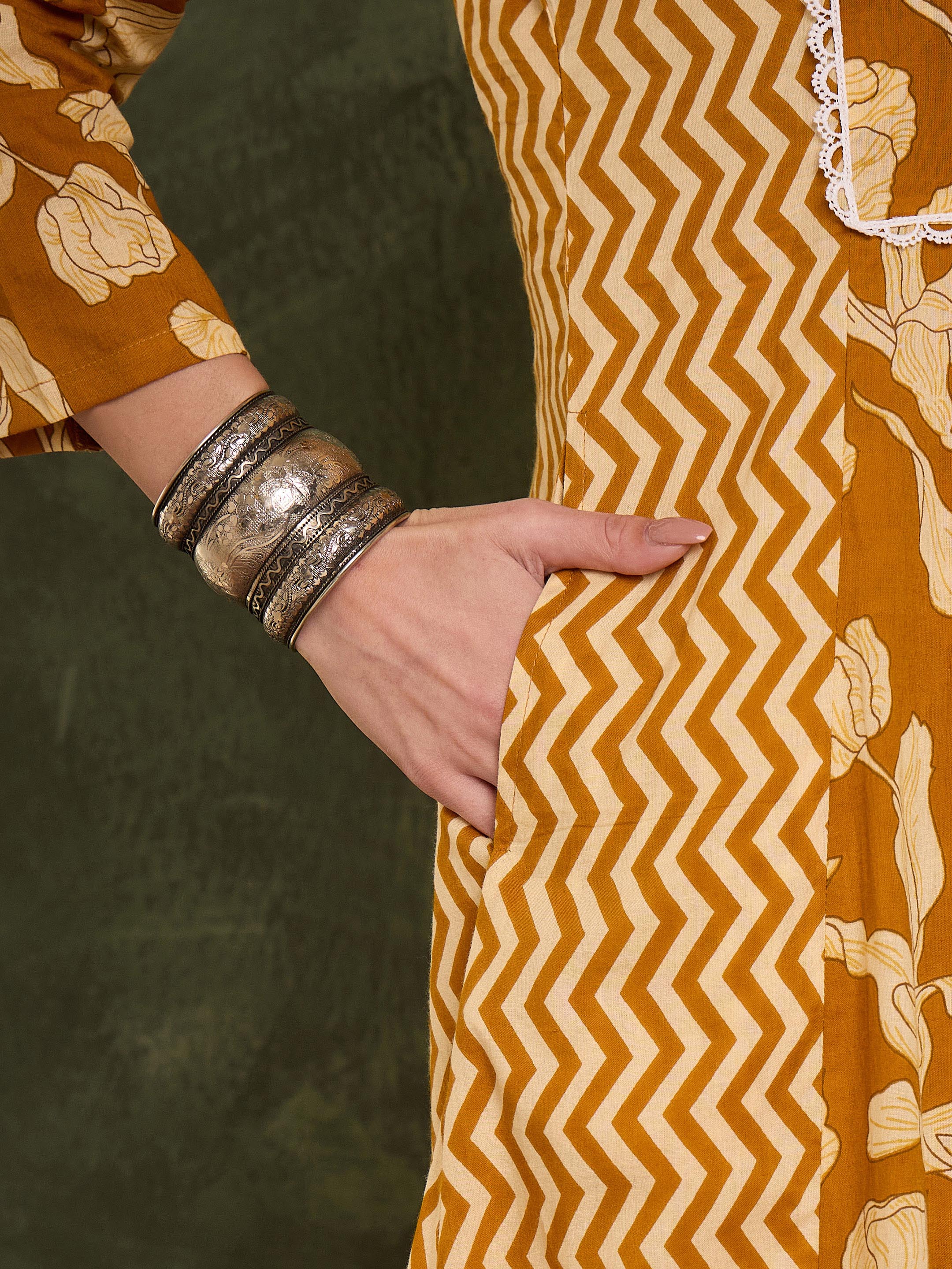 Women's Mustard Floral Front Yoke Kurta With Pants