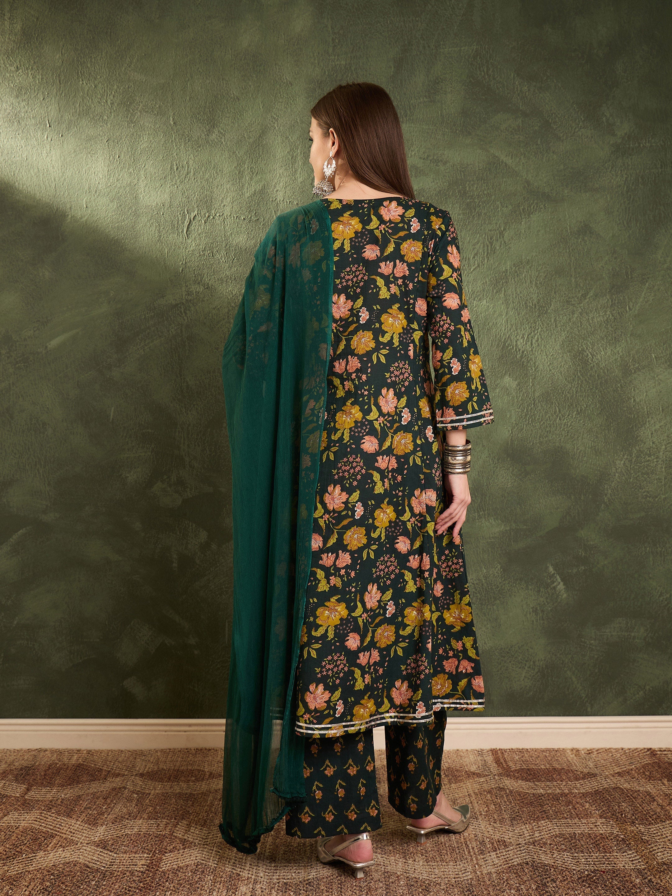 Women's Dark Green Floral Front Yoke Kurta Set with Dupatta