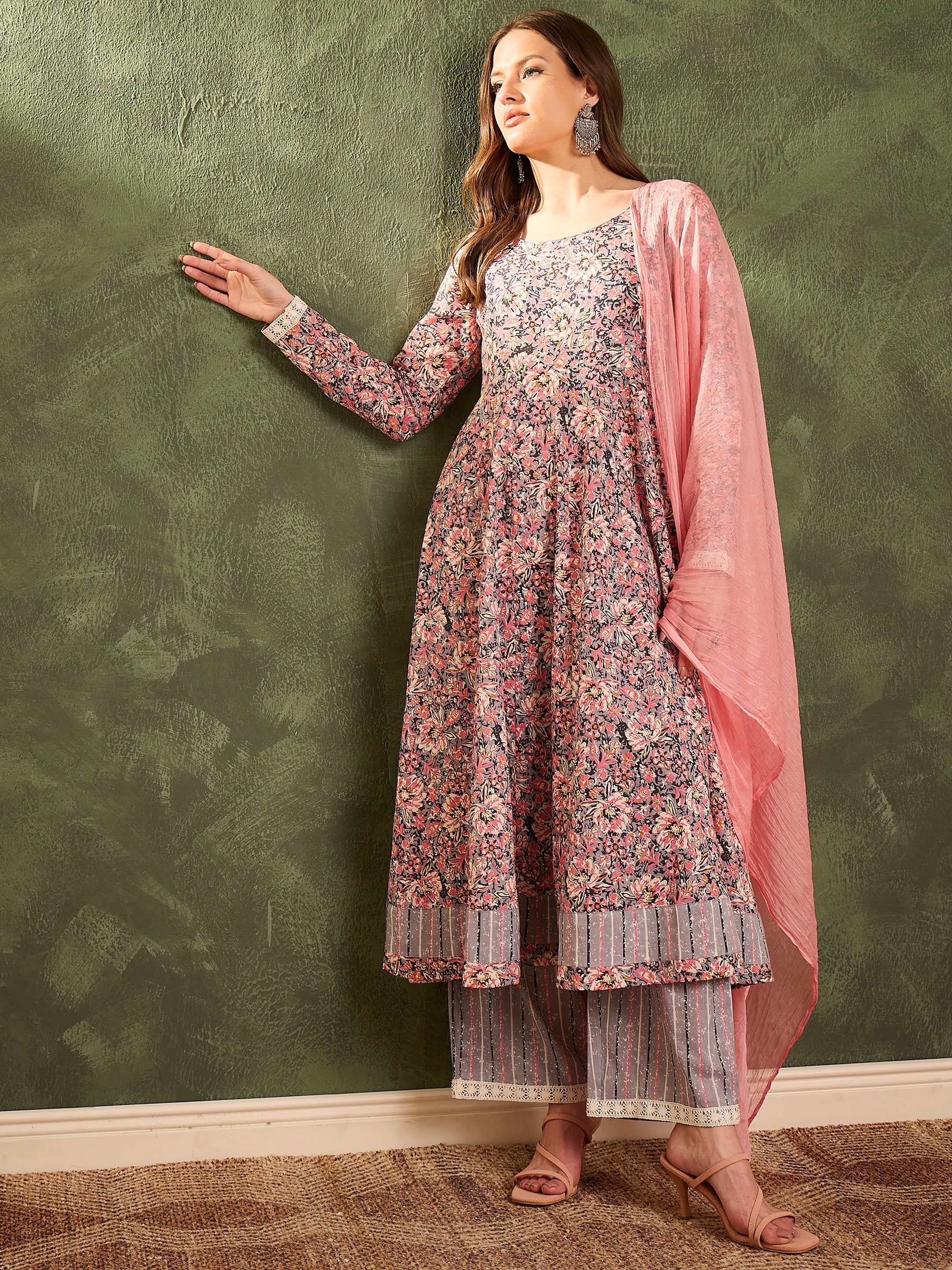 Women's Pink & Grey Floral Anarkali Kurta Set with Dupatta