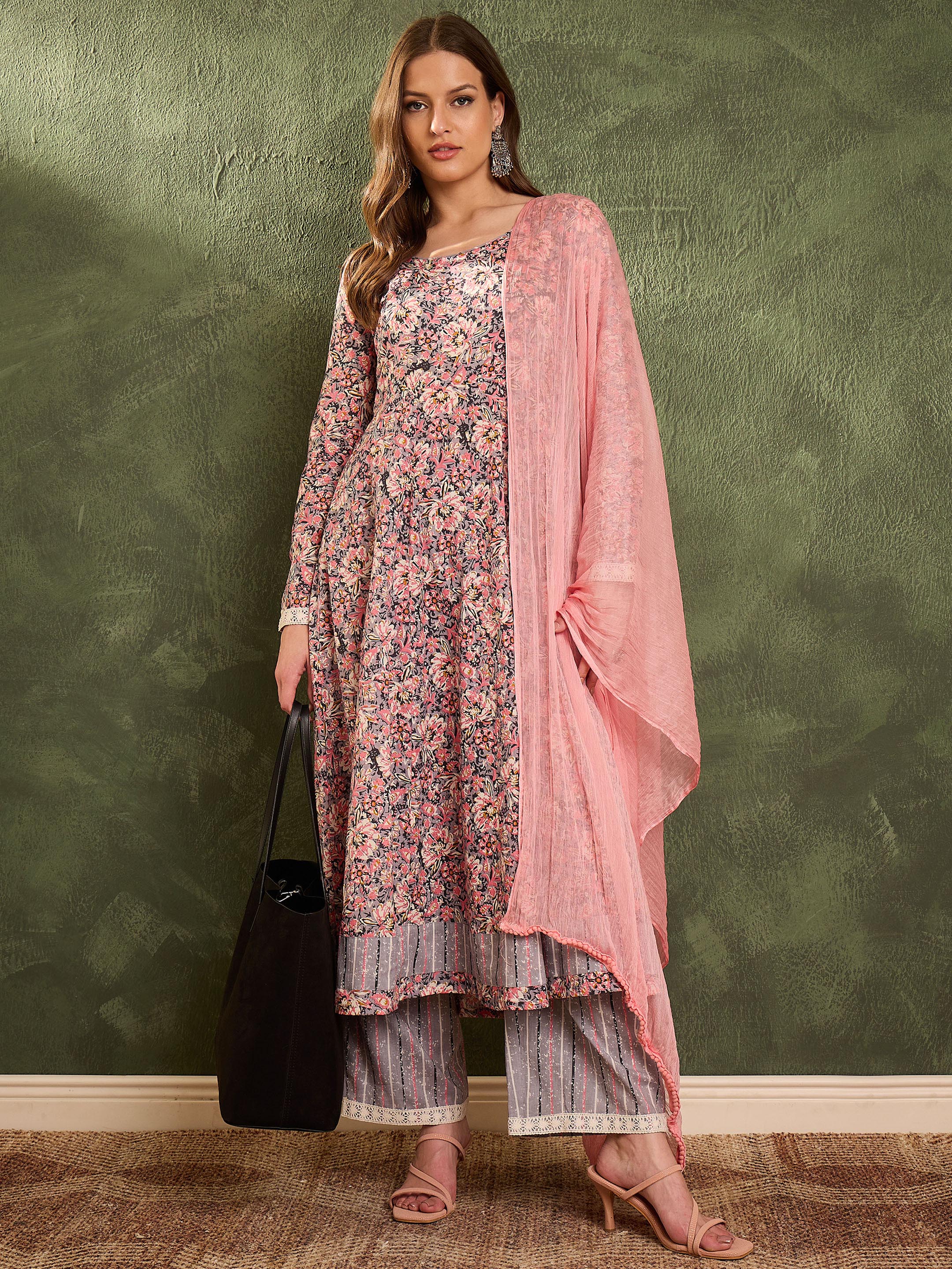 Women's Pink & Grey Floral Anarkali Kurta Set with Dupatta