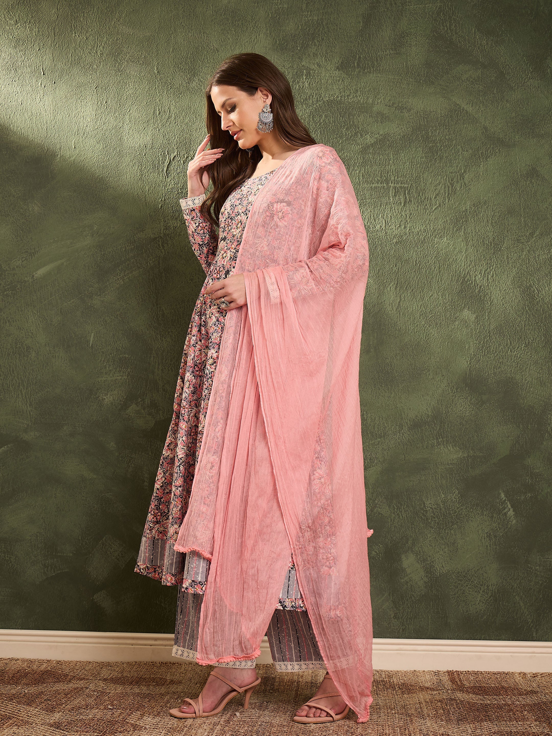 Women's Pink & Grey Floral Anarkali Kurta Set with Dupatta