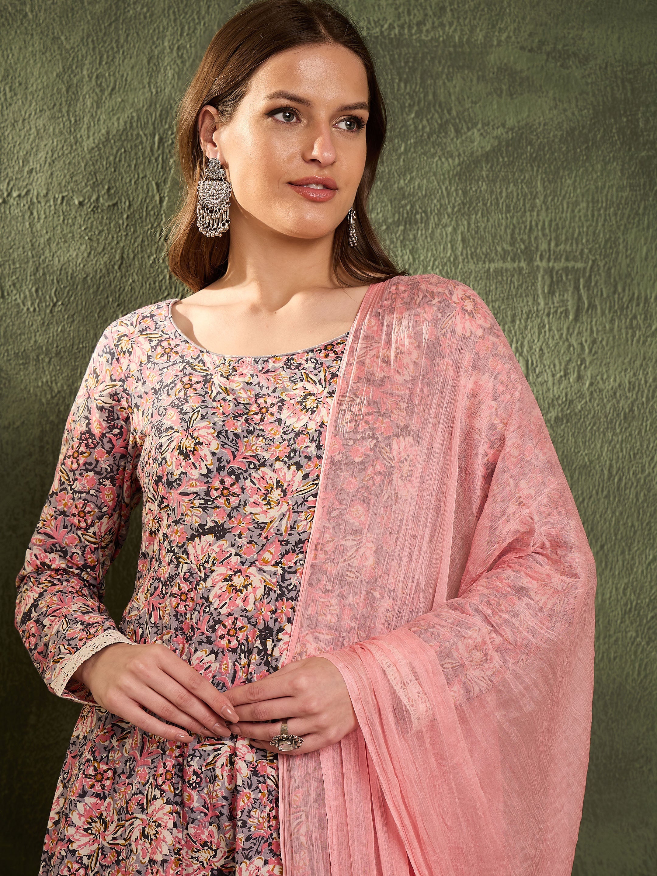 Women's Pink & Grey Floral Anarkali Kurta Set with Dupatta
