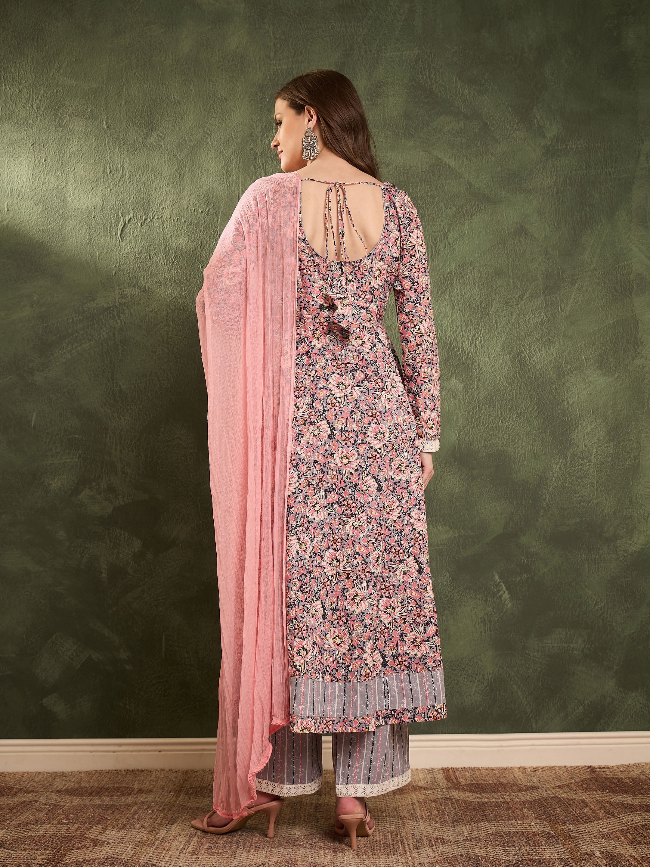 Women's Pink & Grey Floral Anarkali Kurta Set with Dupatta