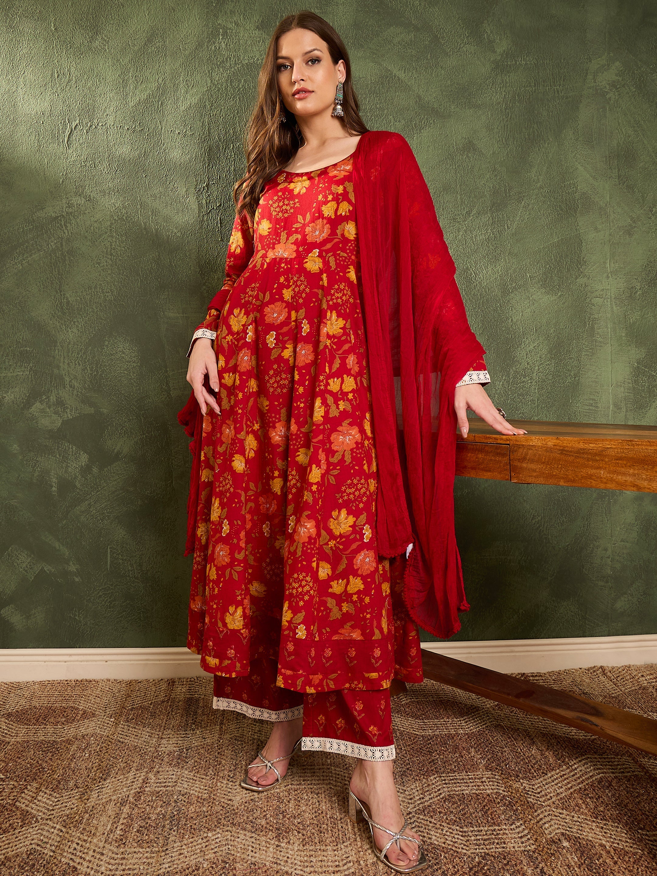 Women's Maroon & Yellow Floral Anarkali Kurta Set with Dupatta