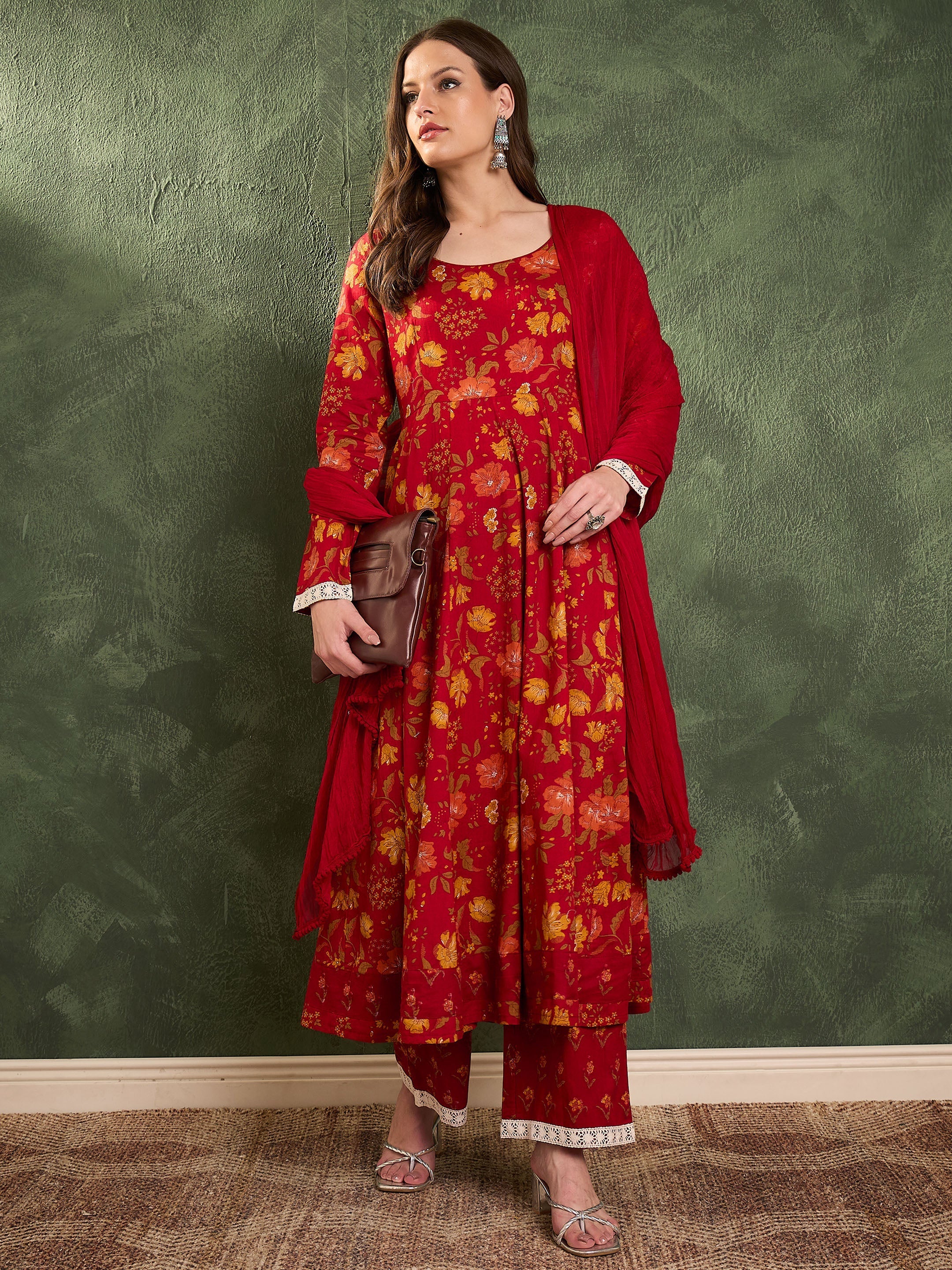 Women's Maroon & Yellow Floral Anarkali Kurta Set with Dupatta