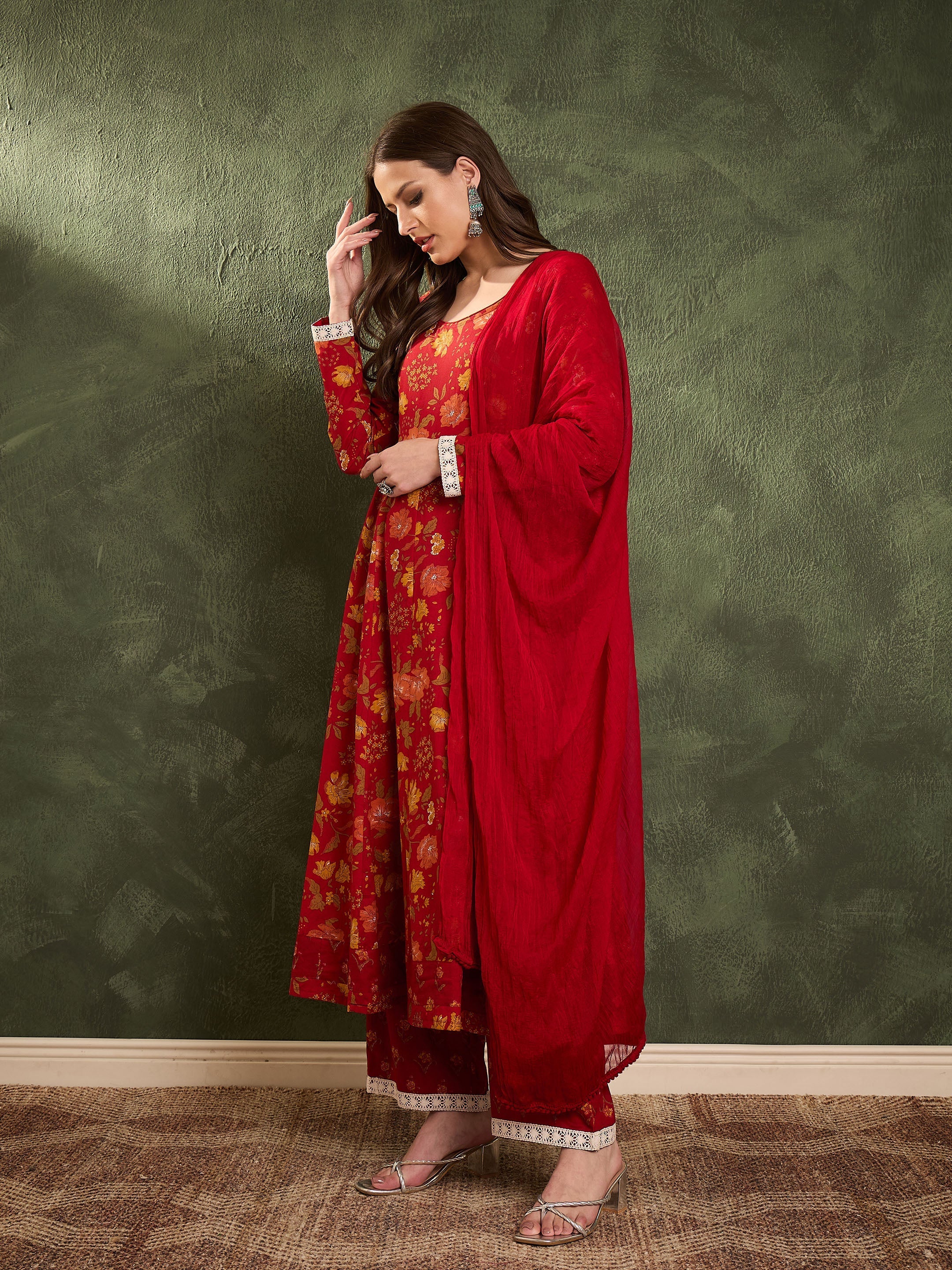Women's Maroon & Yellow Floral Anarkali Kurta Set with Dupatta