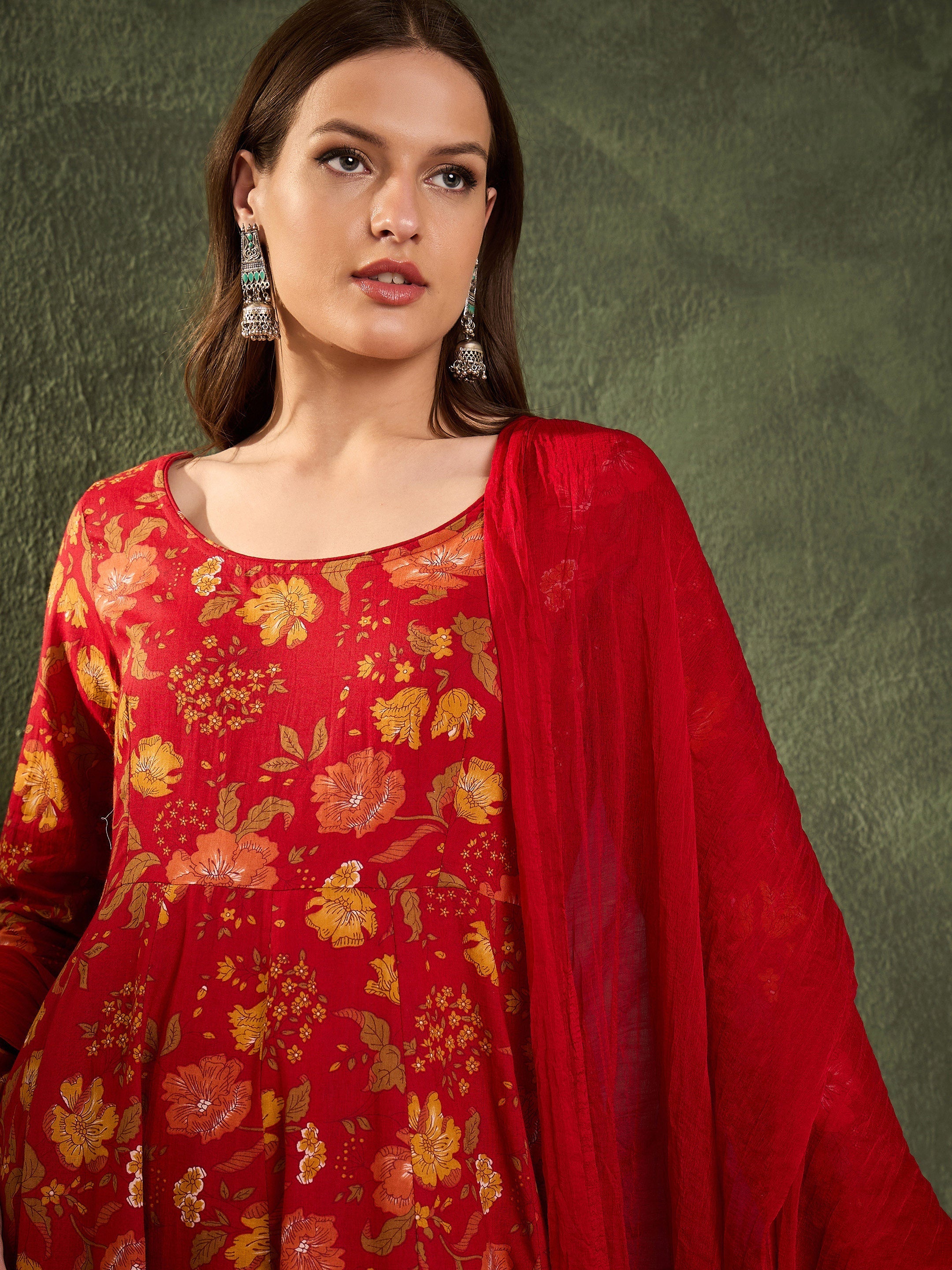 Women's Maroon & Yellow Floral Anarkali Kurta Set with Dupatta