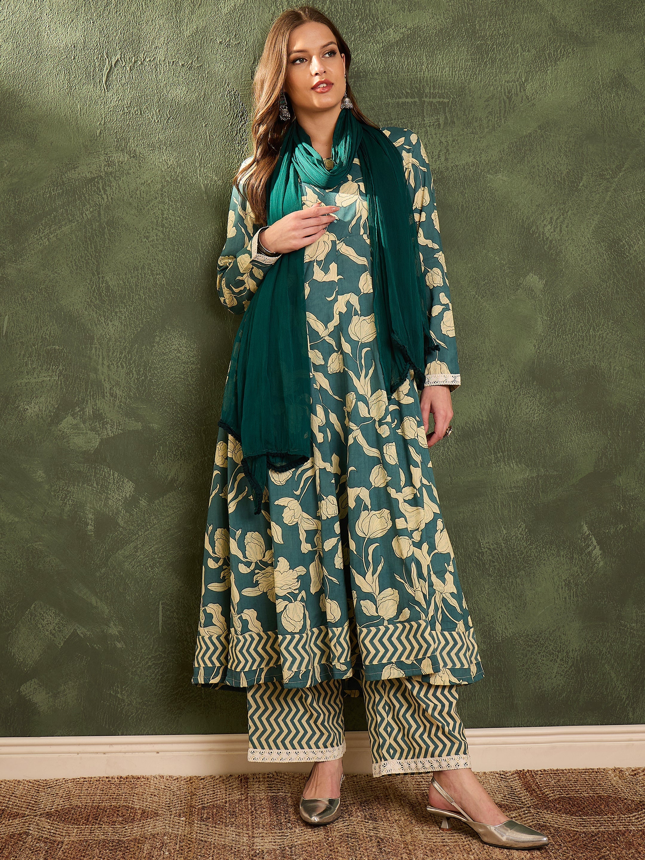 Women's Sea Green & Beige Floral Anarkali kurta Set with Dupatta