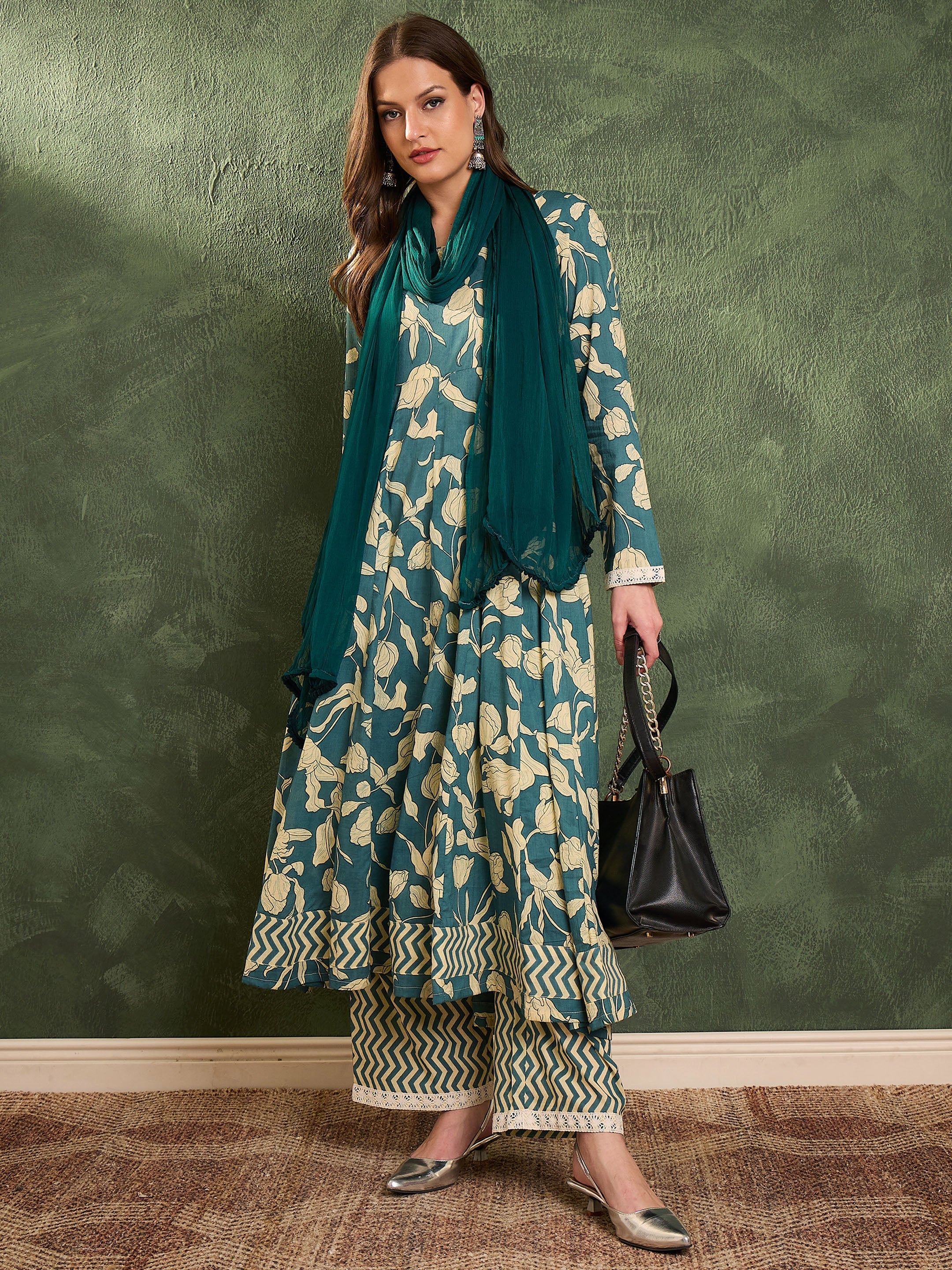 Women's Sea Green & Beige Floral Anarkali kurta Set with Dupatta