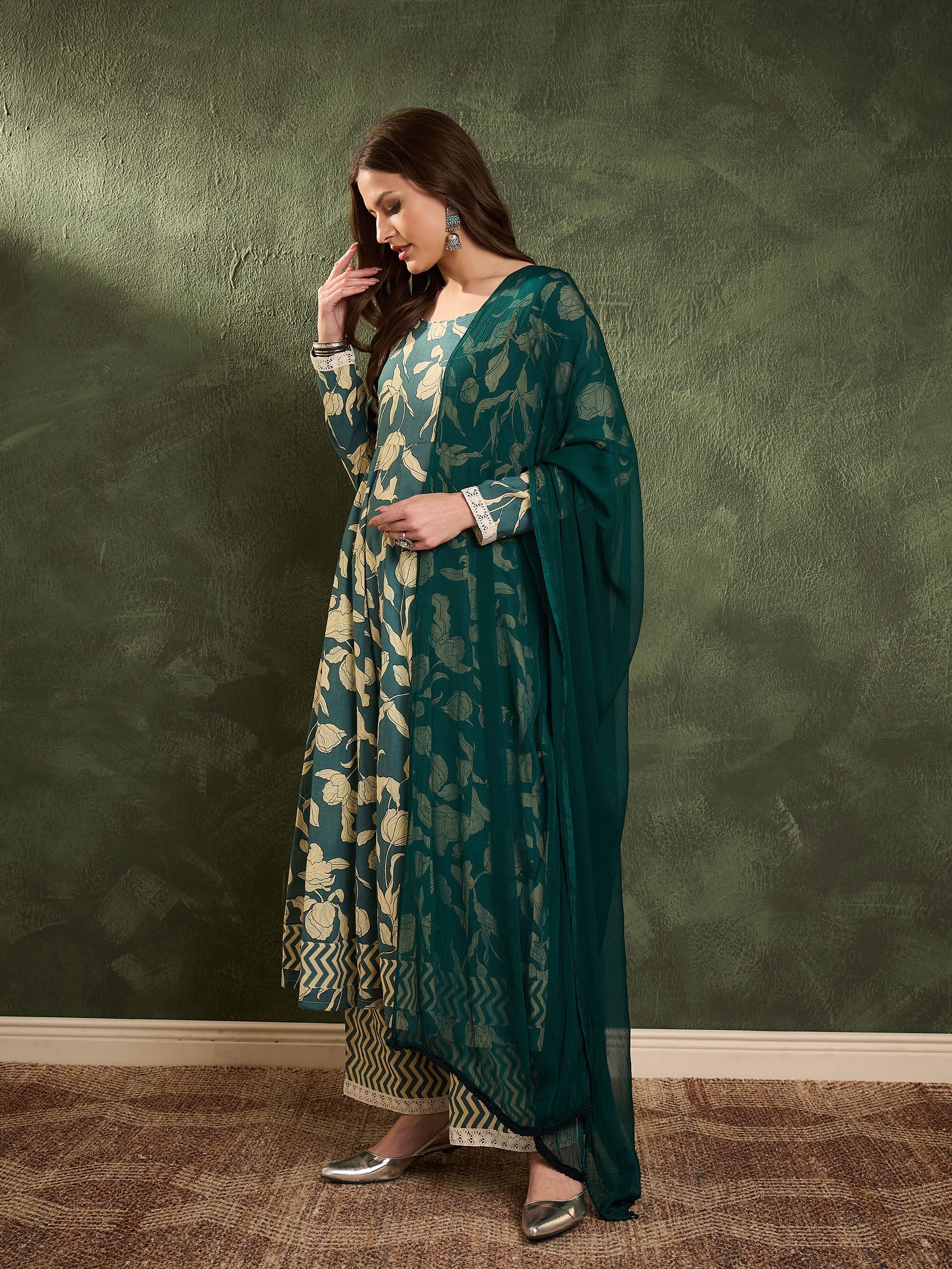 Women's Sea Green & Beige Floral Anarkali kurta Set with Dupatta