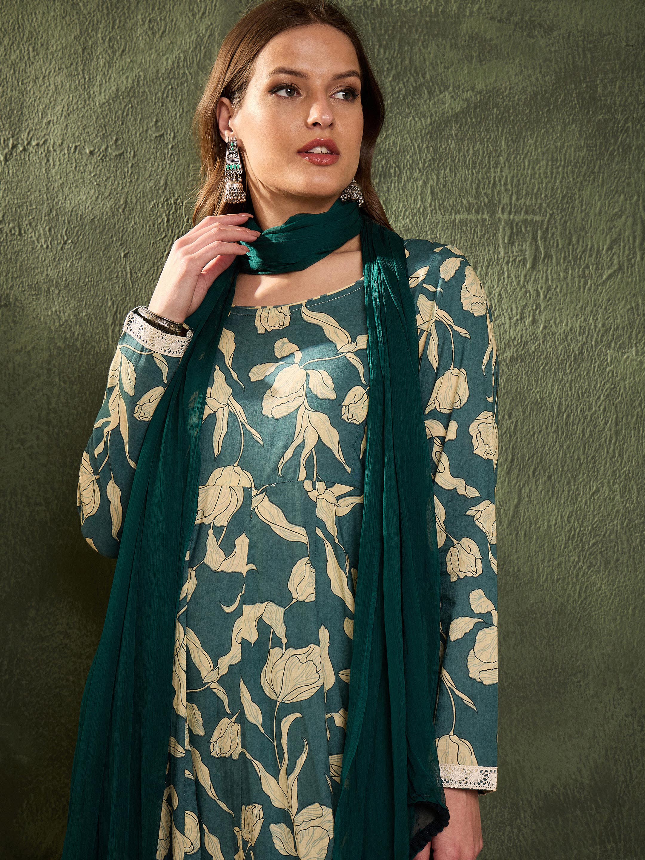 Women's Sea Green & Beige Floral Anarkali kurta Set with Dupatta