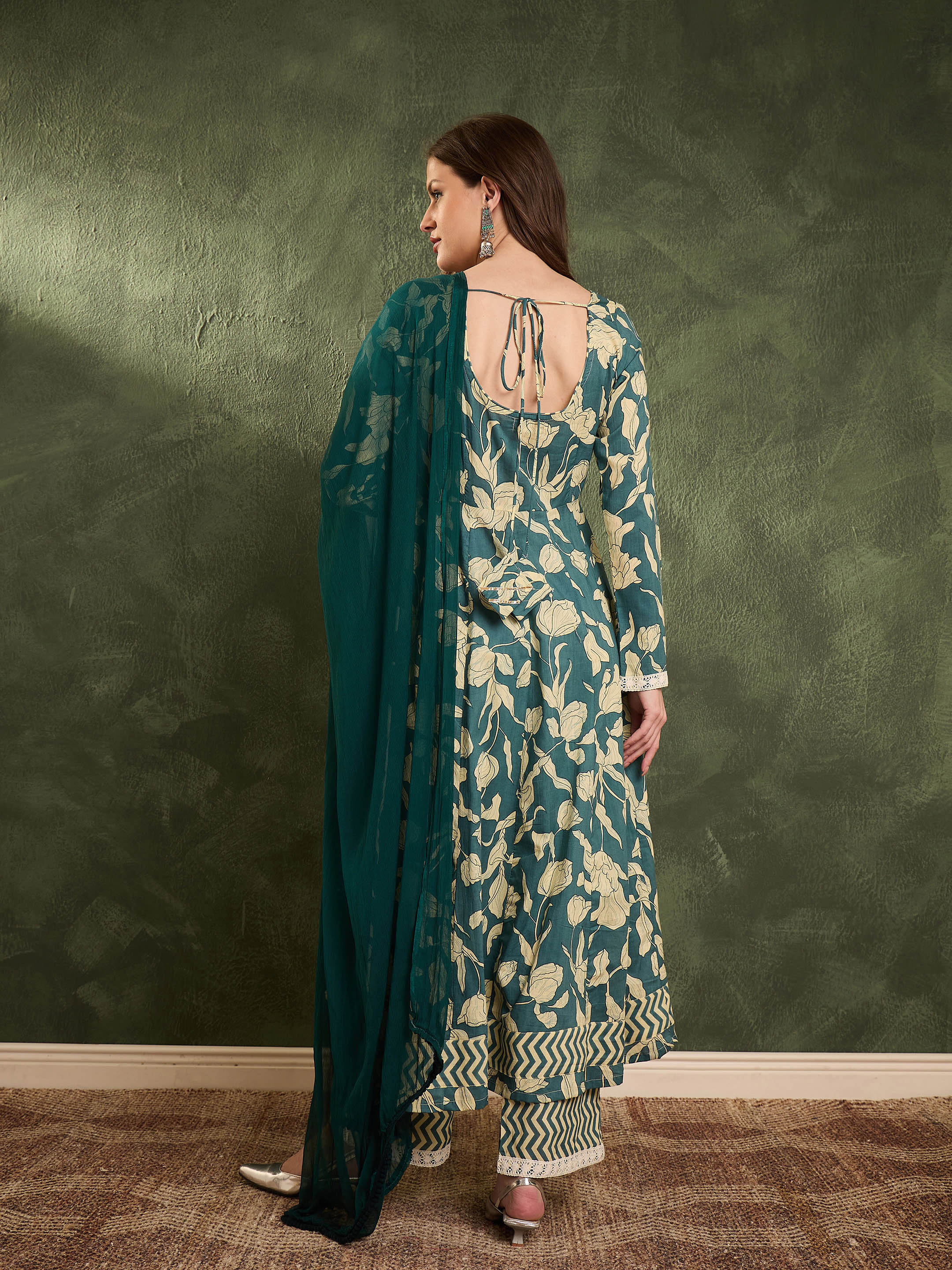 Women's Sea Green & Beige Floral Anarkali kurta Set with Dupatta