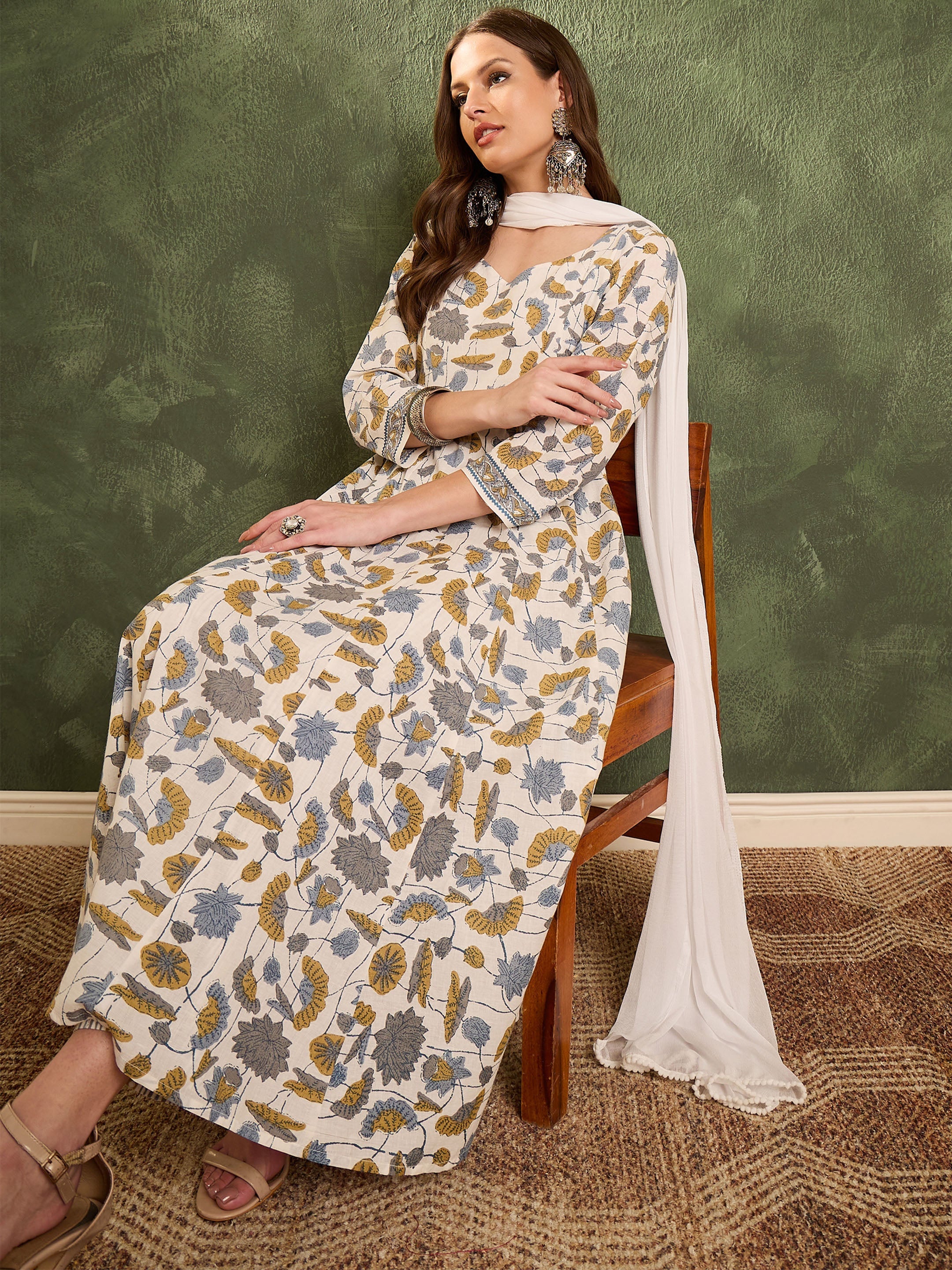 Women's Off White Floral Anarkali Kurta Set with Dupatta