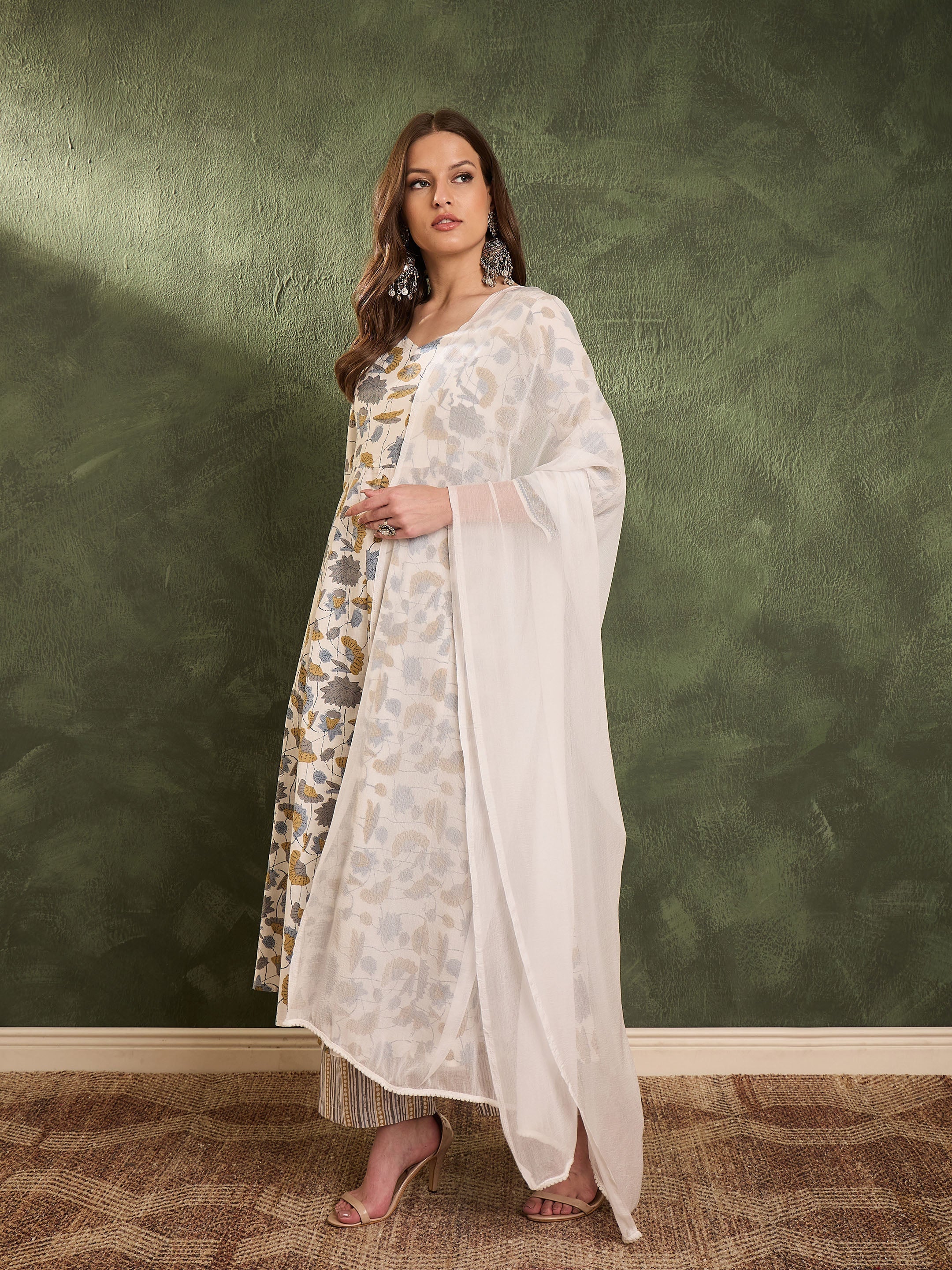 Women's Off White Floral Anarkali Kurta Set with Dupatta