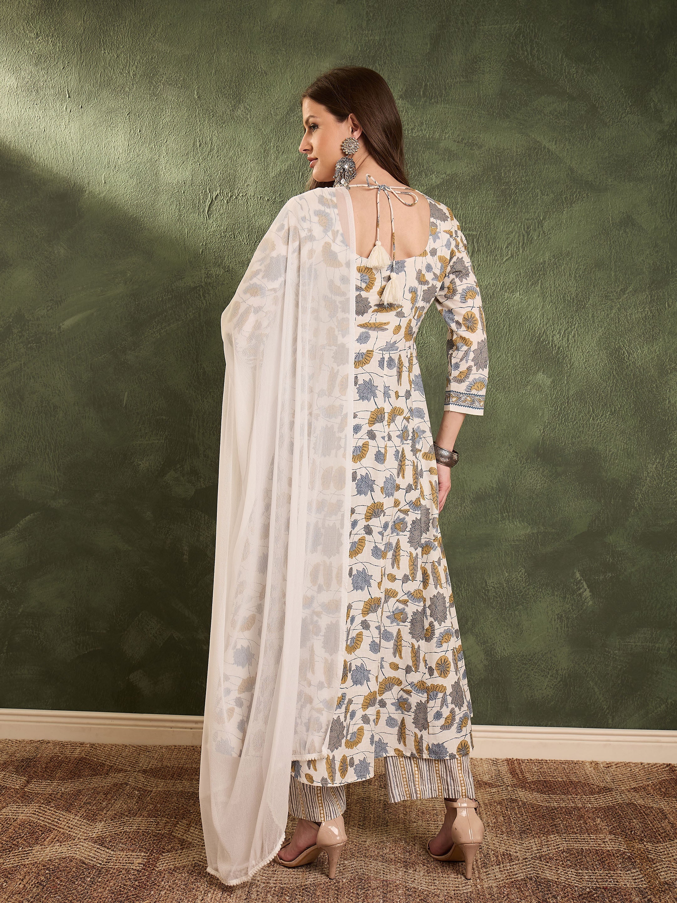 Women's Off White Floral Anarkali Kurta Set with Dupatta