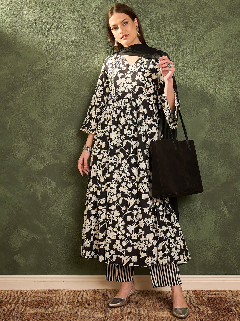 Women's Black & White Floral Gathered Kurta Set with Dupatta