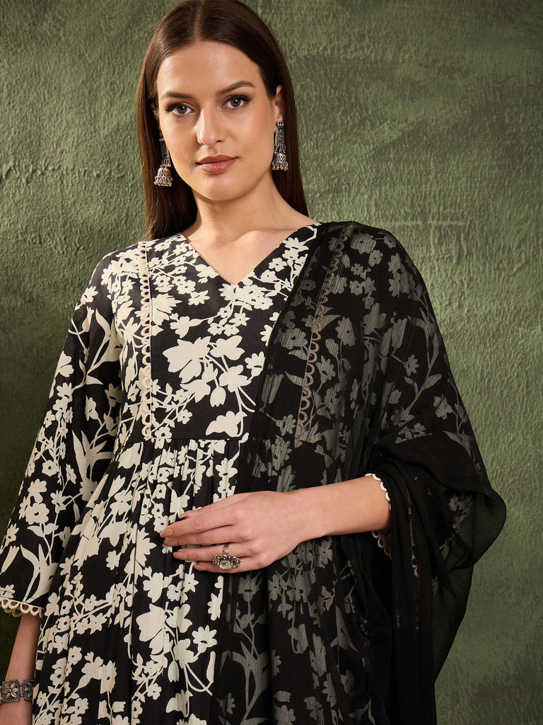 Women's Black & White Floral Gathered Kurta Set with Dupatta