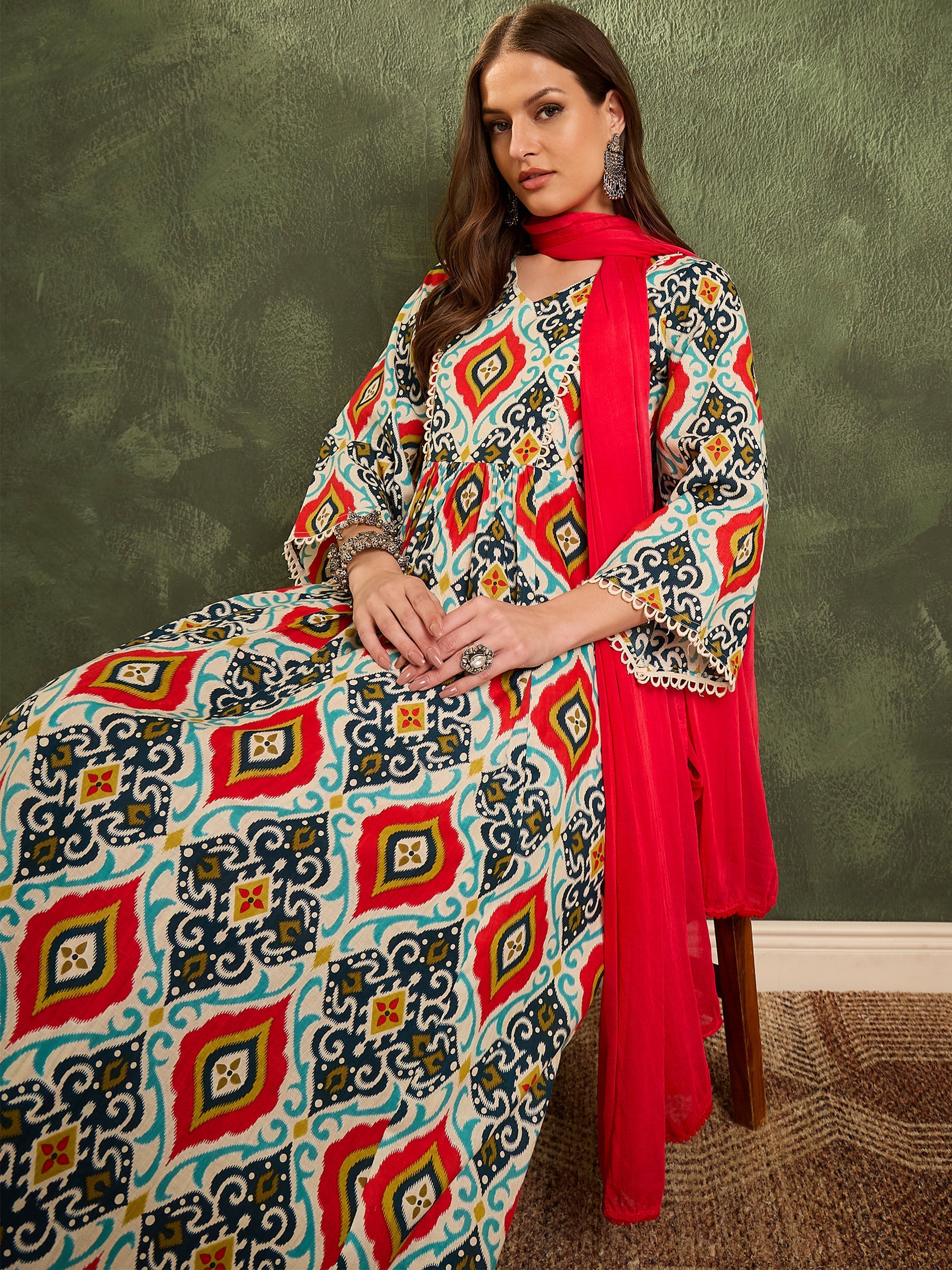 Women's Blue & Red Ikat Print Gathered Kurta Set with Dupatta