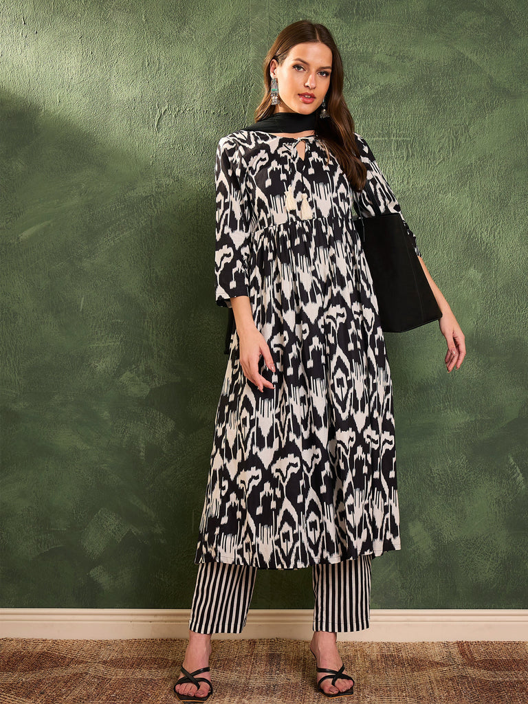Women's Black Ikat Dori Gathered Kurta Set with Dupatta