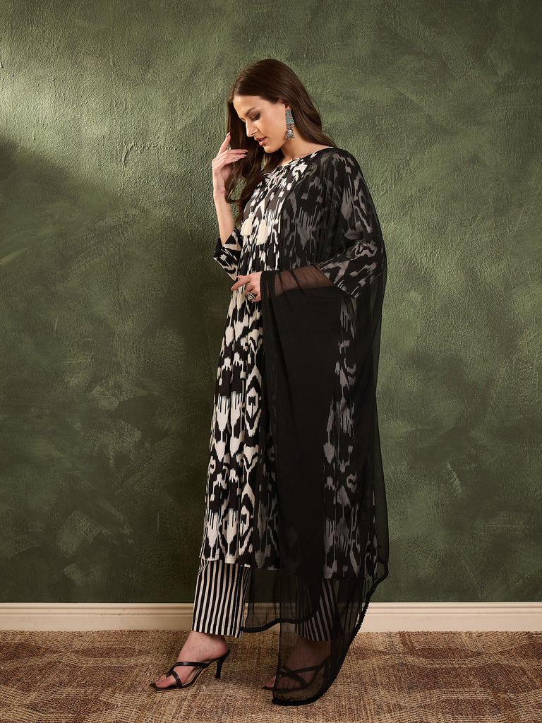 Women's Black Ikat Dori Gathered Kurta Set with Dupatta