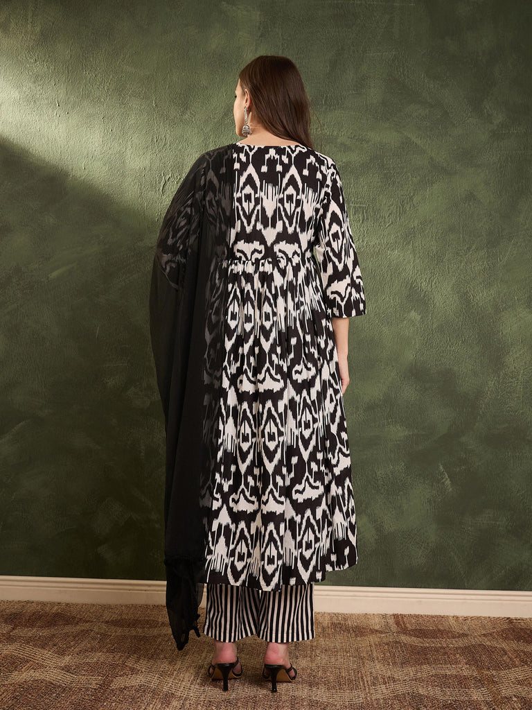 Women's Black Ikat Dori Gathered Kurta Set with Dupatta