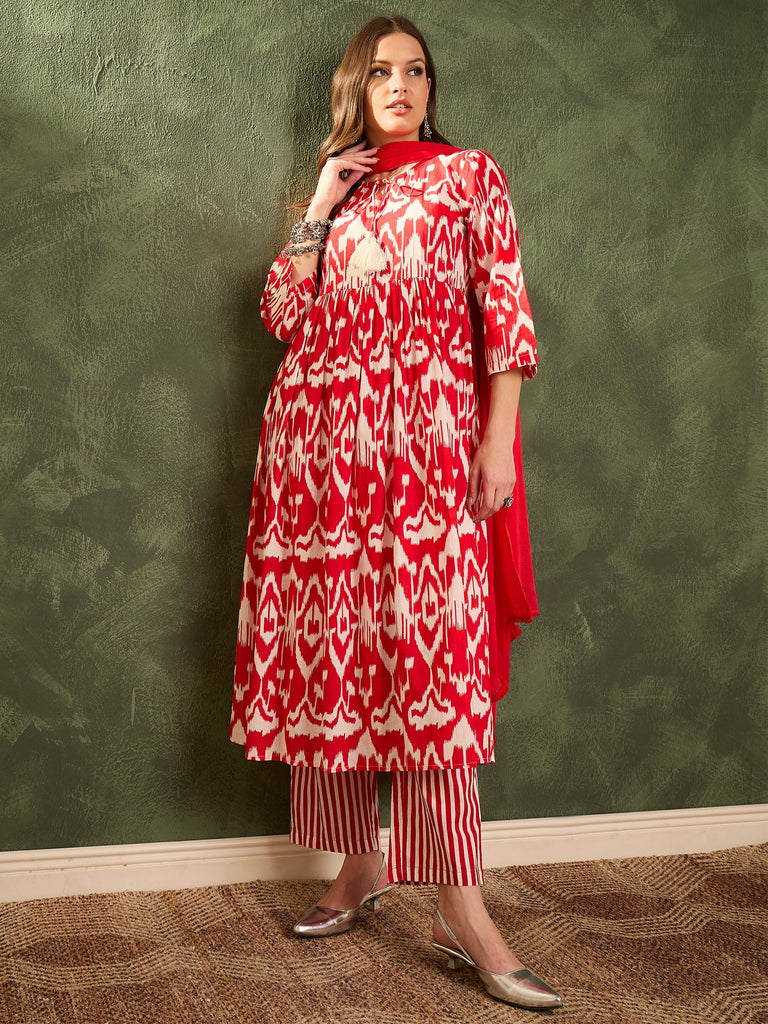Women's Red Ikat Dori Gathered Kurta Set with Dupatta