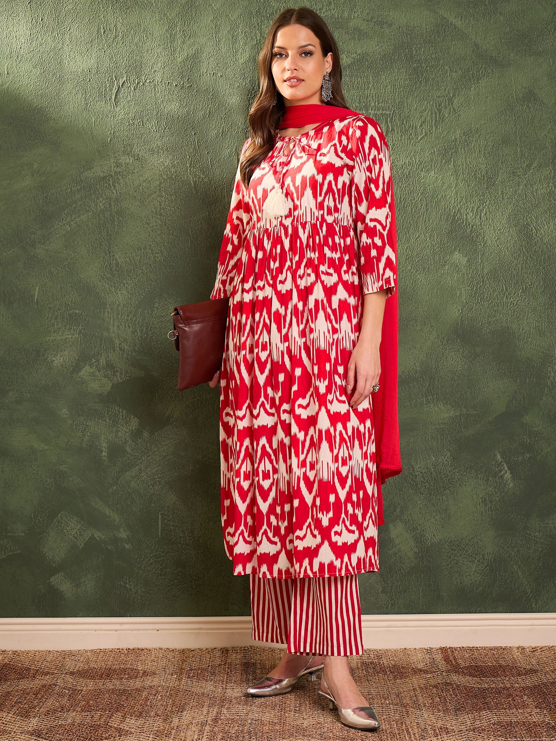 Women's Red Ikat Dori Gathered Kurta Set with Dupatta