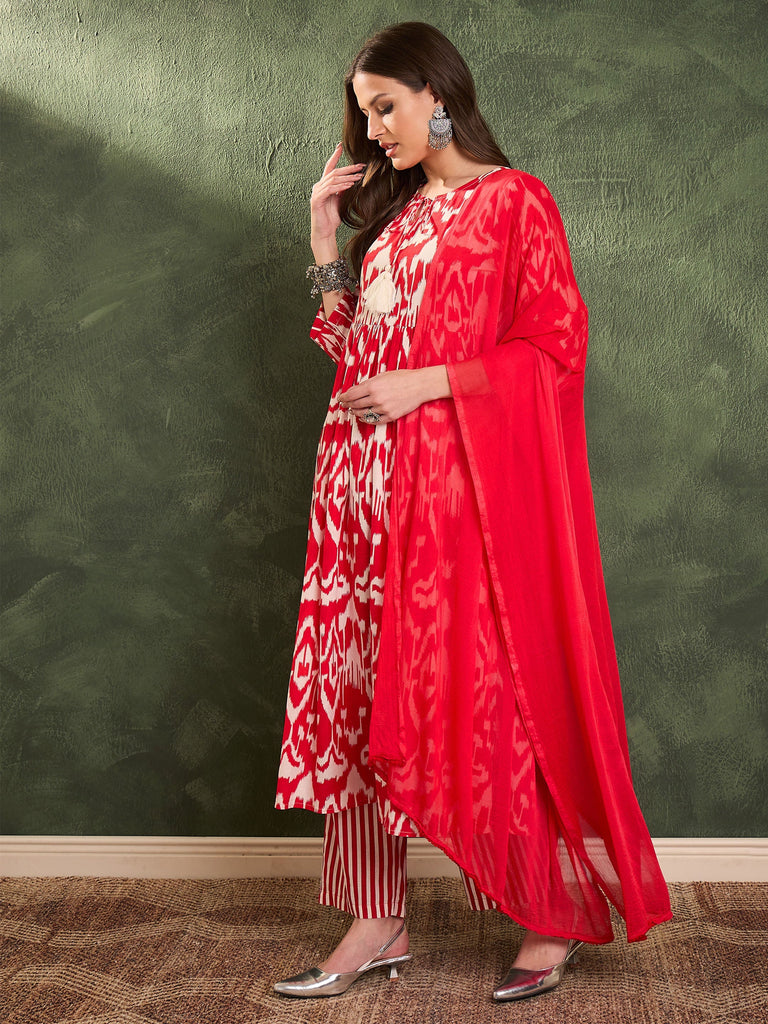 Women's Red Ikat Dori Gathered Kurta Set with Dupatta