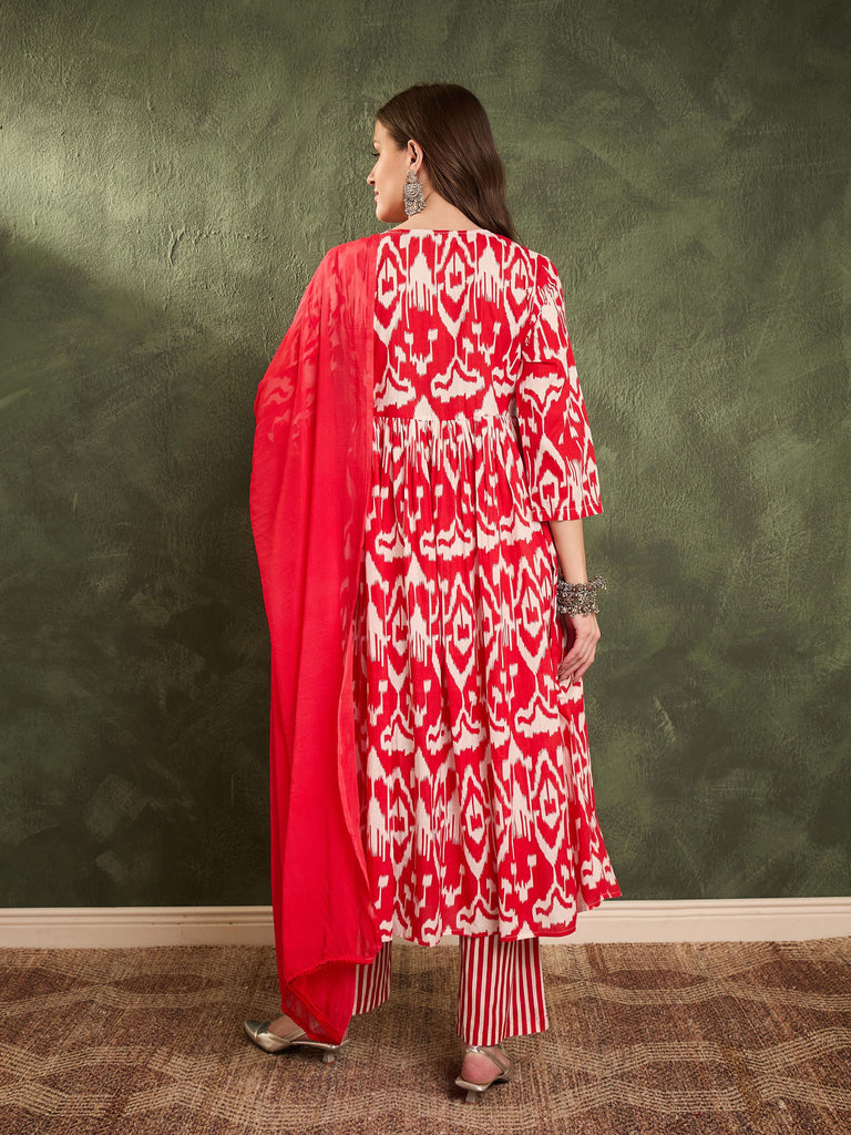 Women's Red Ikat Dori Gathered Kurta Set with Dupatta